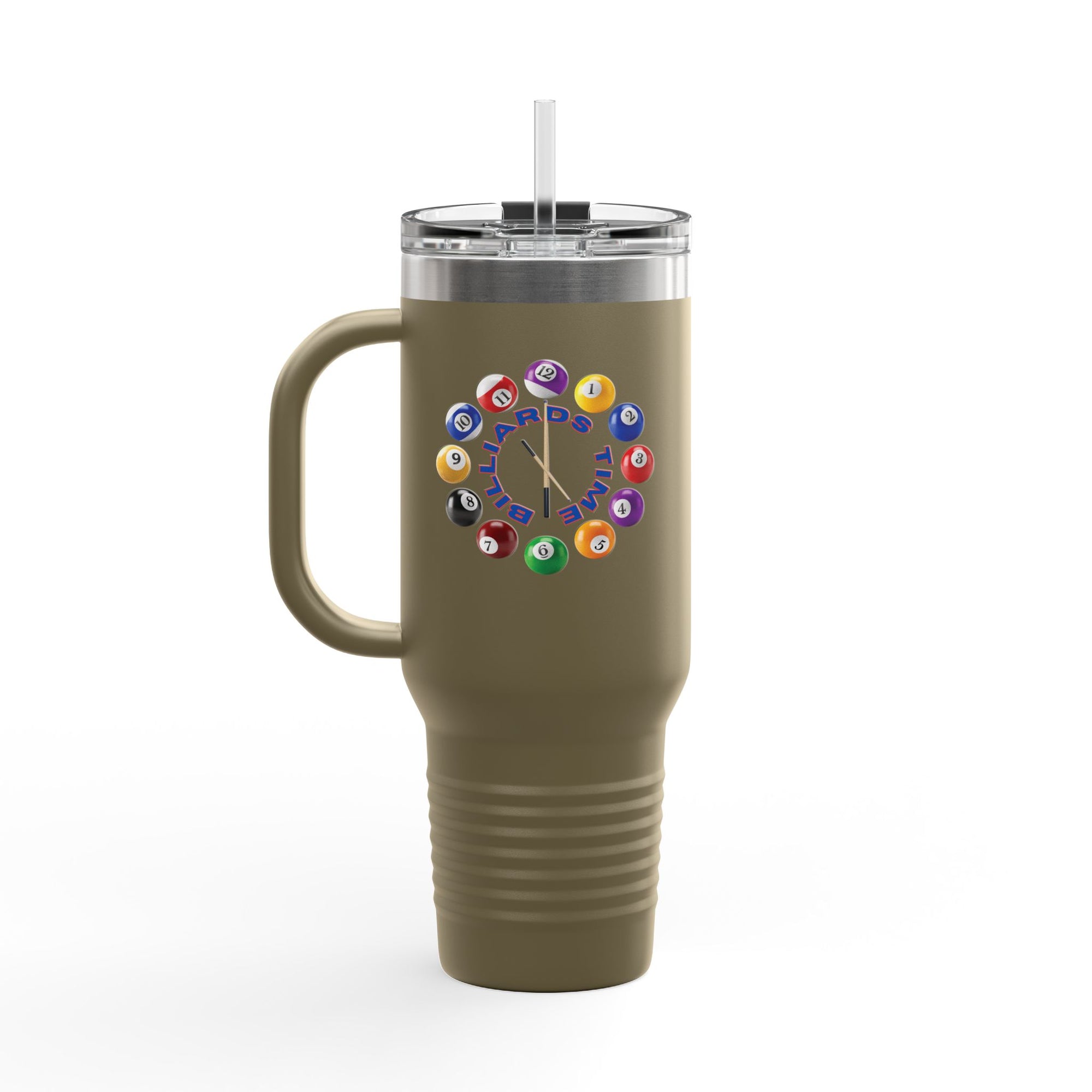 A olive green 40oz travel tumbler mug with lid and straw, with the text "Billiards Time" surrounded by a clock made up of colorful billiard balls and cue sticks, on a white background
