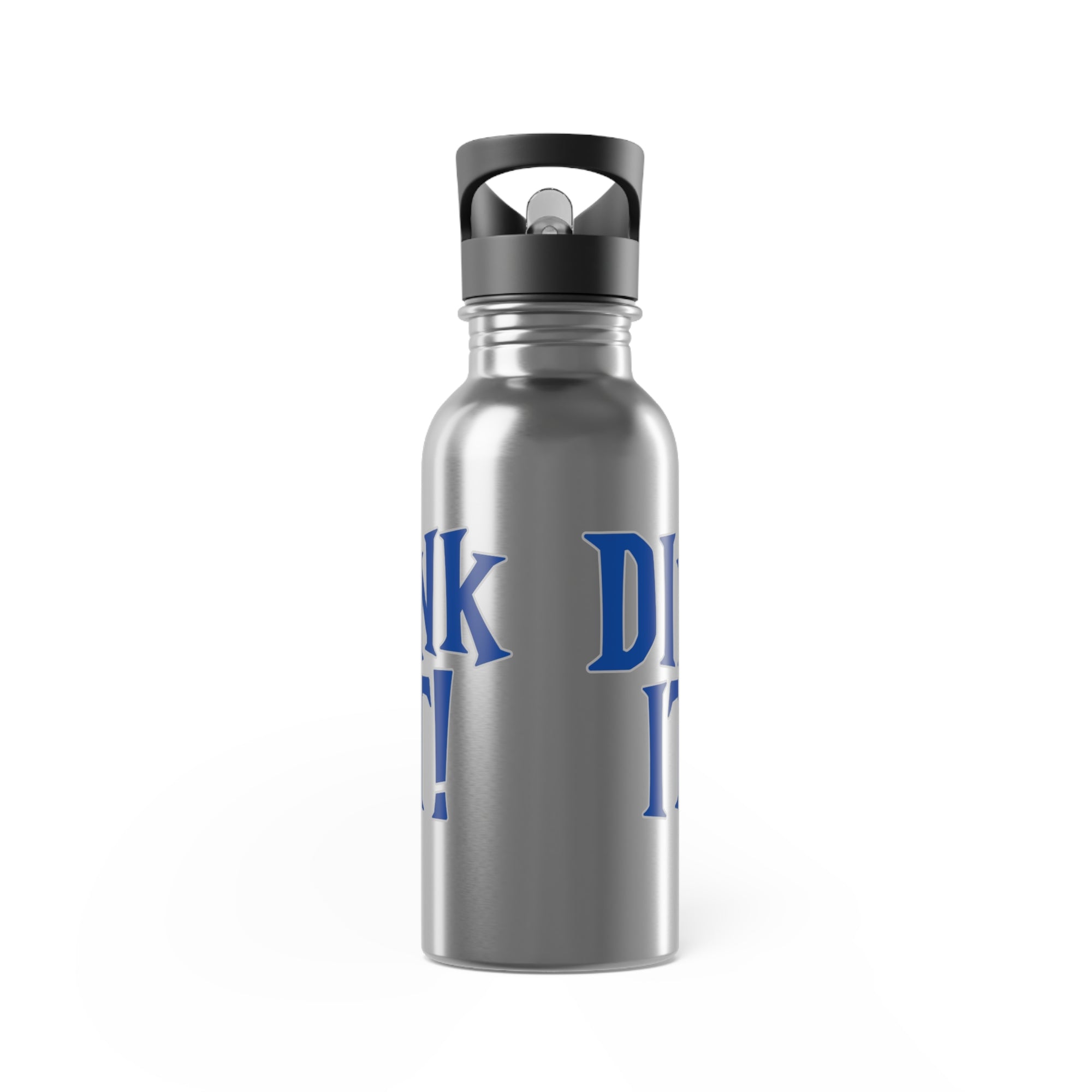 A stainless steel water bottle with lid featuring the words 'DINK IT!' text in blue and outlined in gray, against a white background