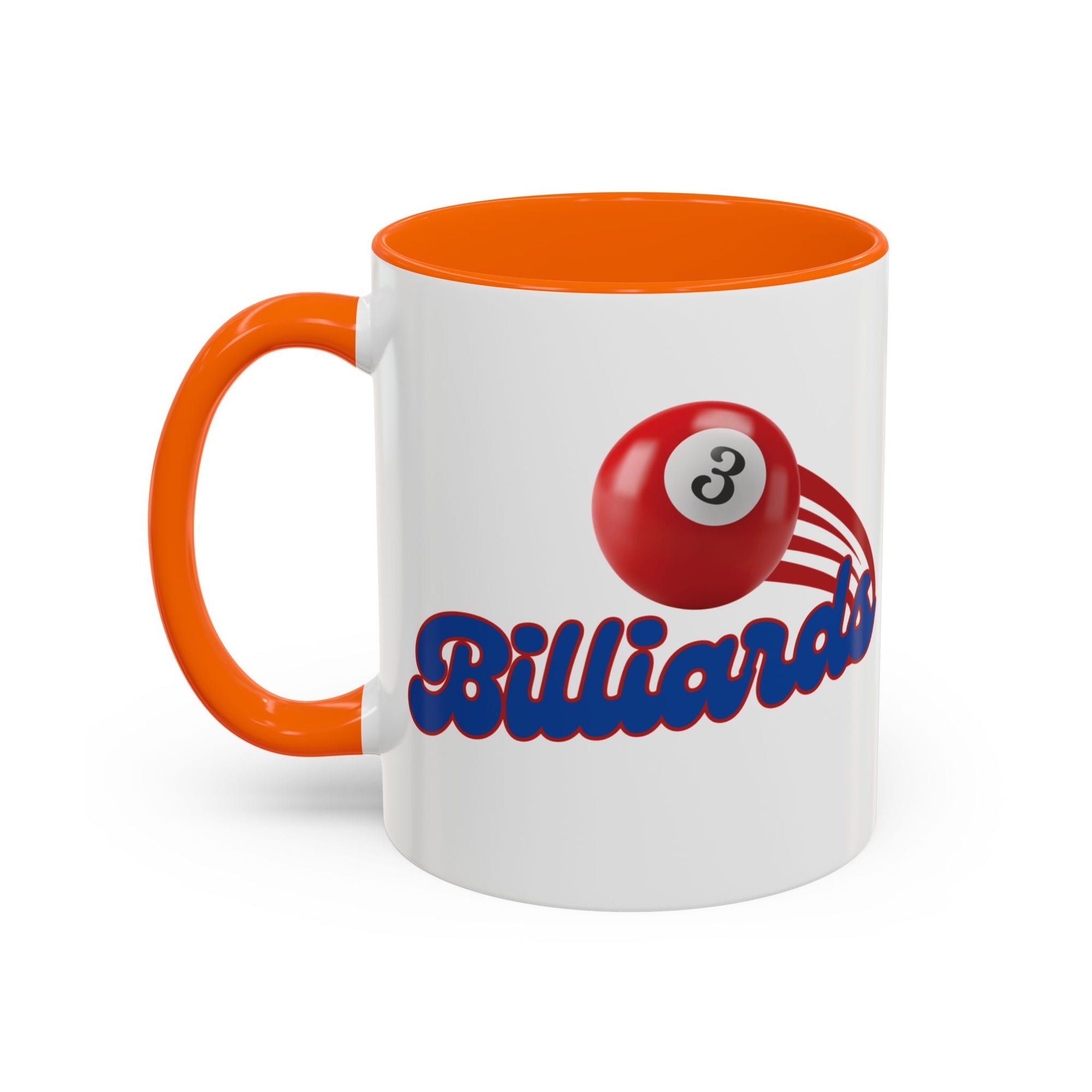 A white ceramic coffee mug with orange accents on the handle and interior, with billiards ball and text that says "Billiards" against a white background 