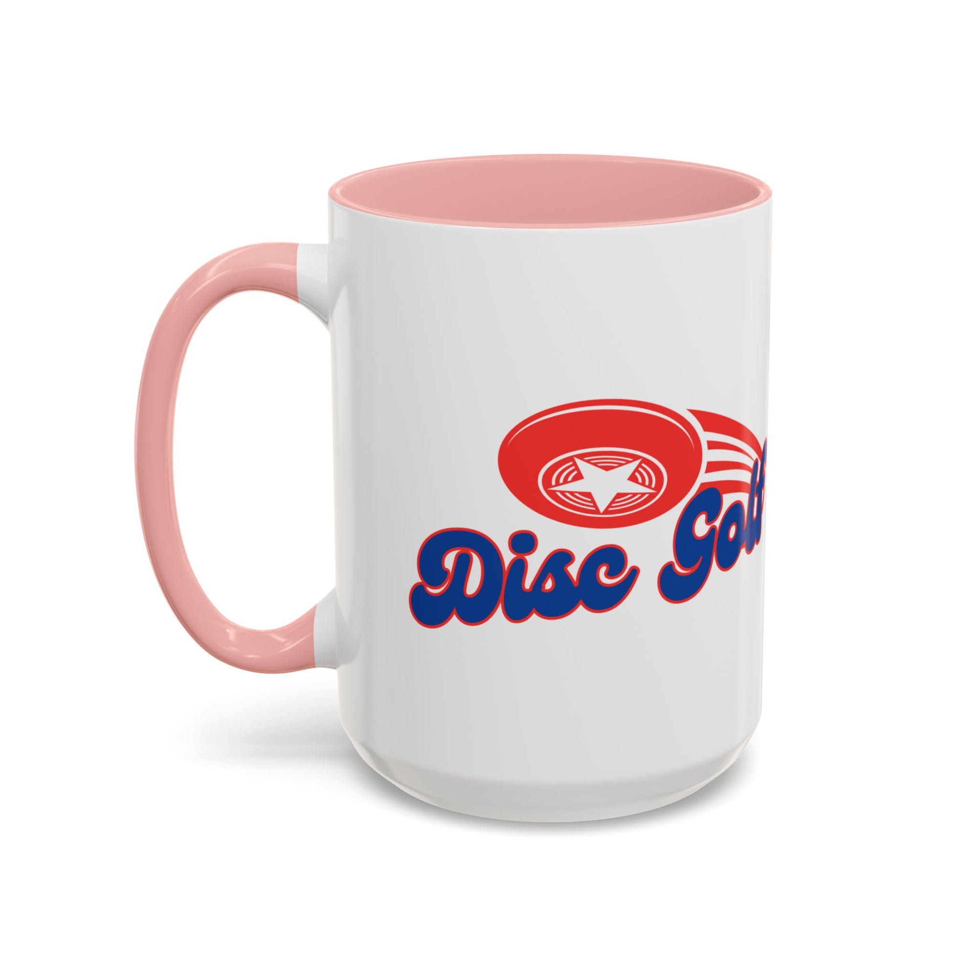 A ceramic coffee mug with pink accents on the handle and interior, with 'Disc Golf' in a blue script text outlined in red and disc golf with motion trails, against a white background