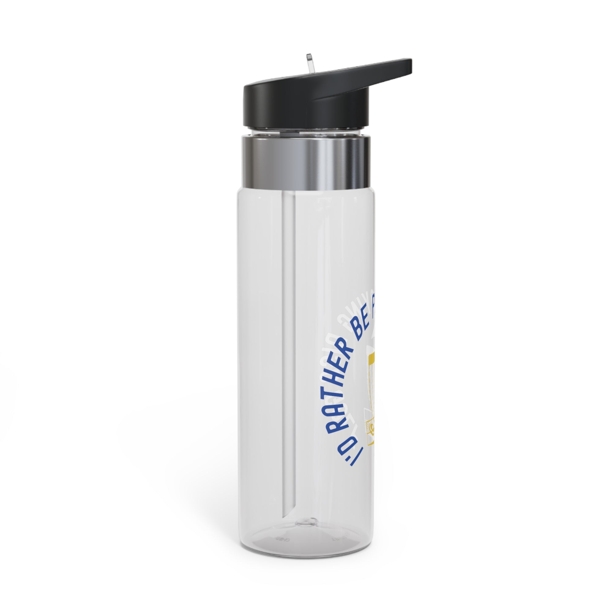 Side view of a clear water bottle with a straw with a graphic of disc golf chains, basket, and disc and text that says "I'd Rather Be Playing Disc Golf" against a white background