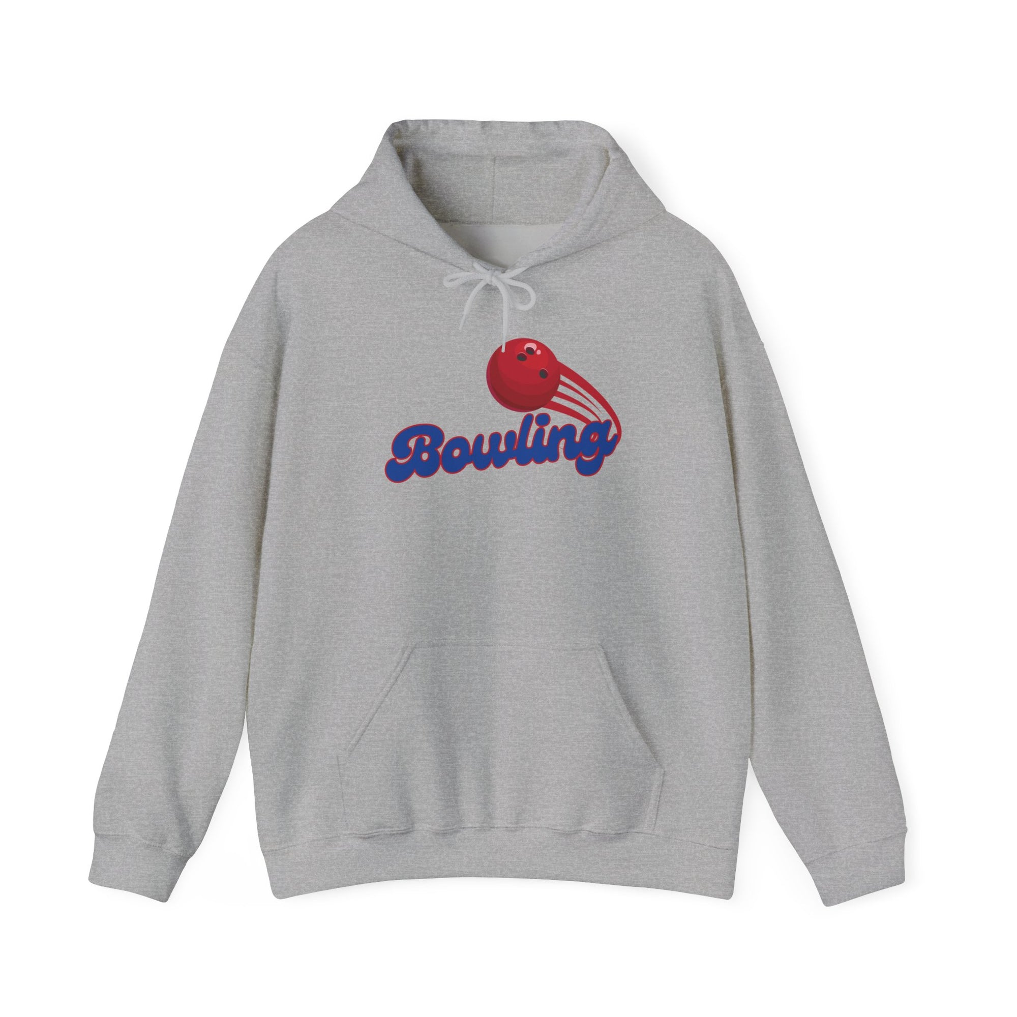 Gray hoodie with a red bowling ball graphic and 'Bowling' text on a white background