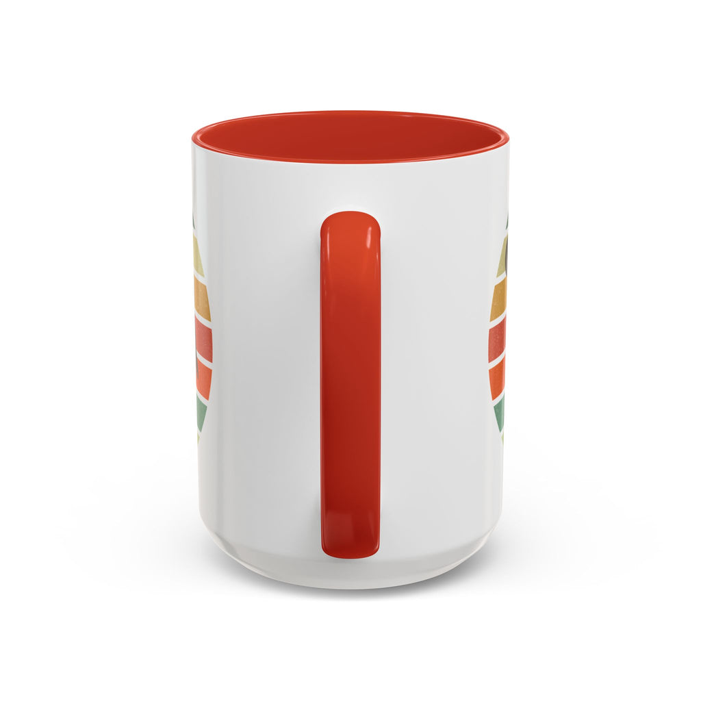 Ceramic coffee mug with red accents on the handle and inside, with a graphic of a silhouette of a bowler over a colorful retro image, on a white background.