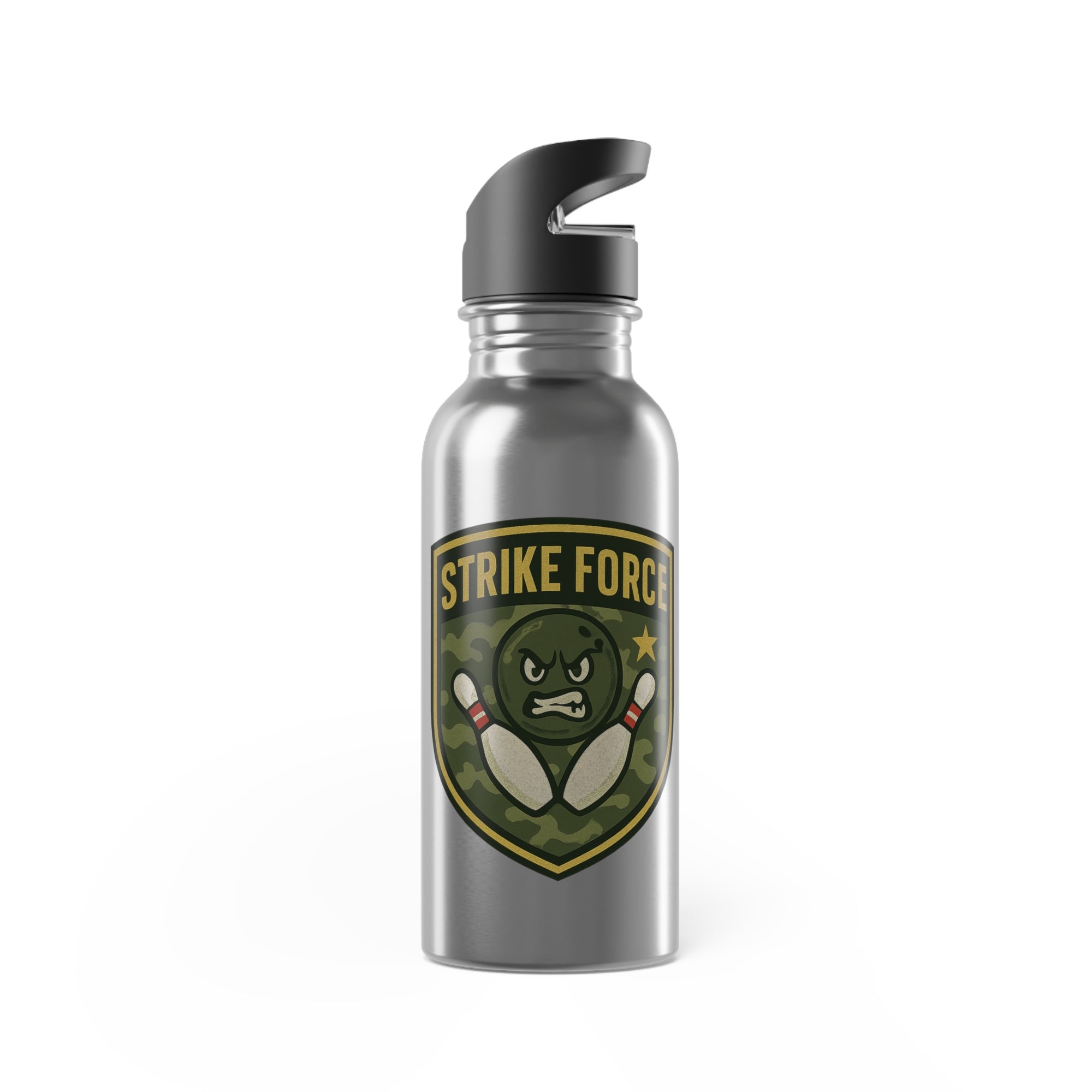 Stainless steel water bottle with black lid, with bowling 'Strike Force' military-style patch on a white background