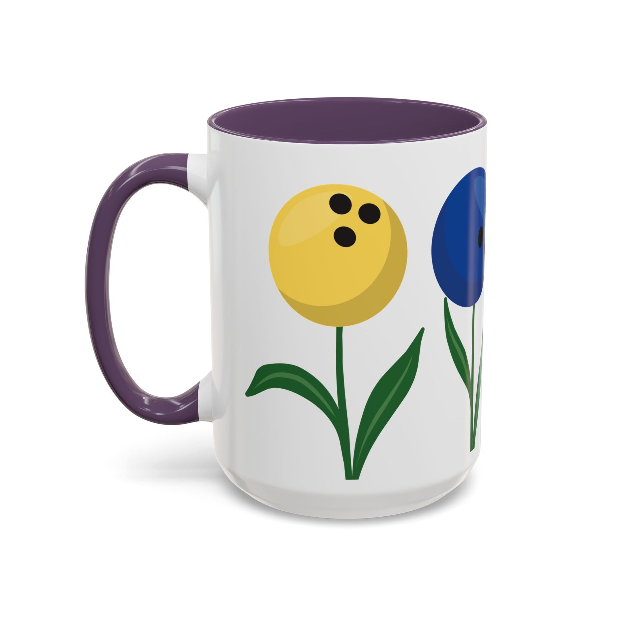A white ceramic coffee mug with purple accents on the handle and interior, with colorful flowers made out of bowling balls, on a white background