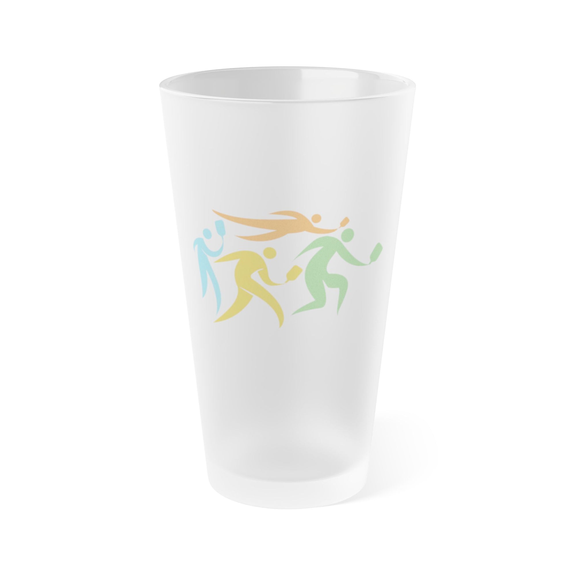 Frosted pint glass with images of four pickleball players in action, on a white background