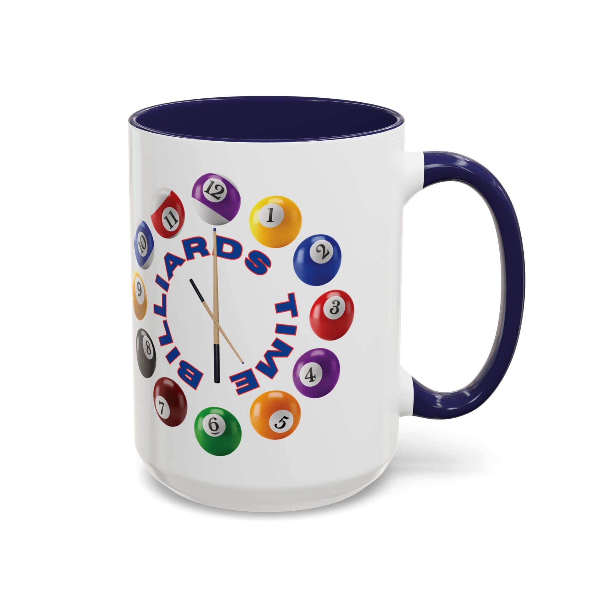 A white ceramic coffee mug with dark blue accents on the handle and interior, with the text "Billiards Time" surrounded by a clock made up of colorful billiard balls and cue sticks, on a white background