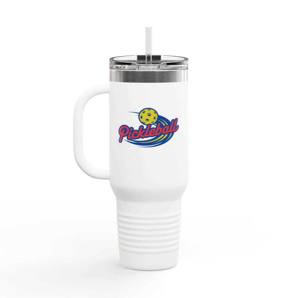 A white 40oz tumbler mug with a lid and straw with a classic pickleball logo featuring the word pickleball and a yellow pickleball with motion lines, against a white background