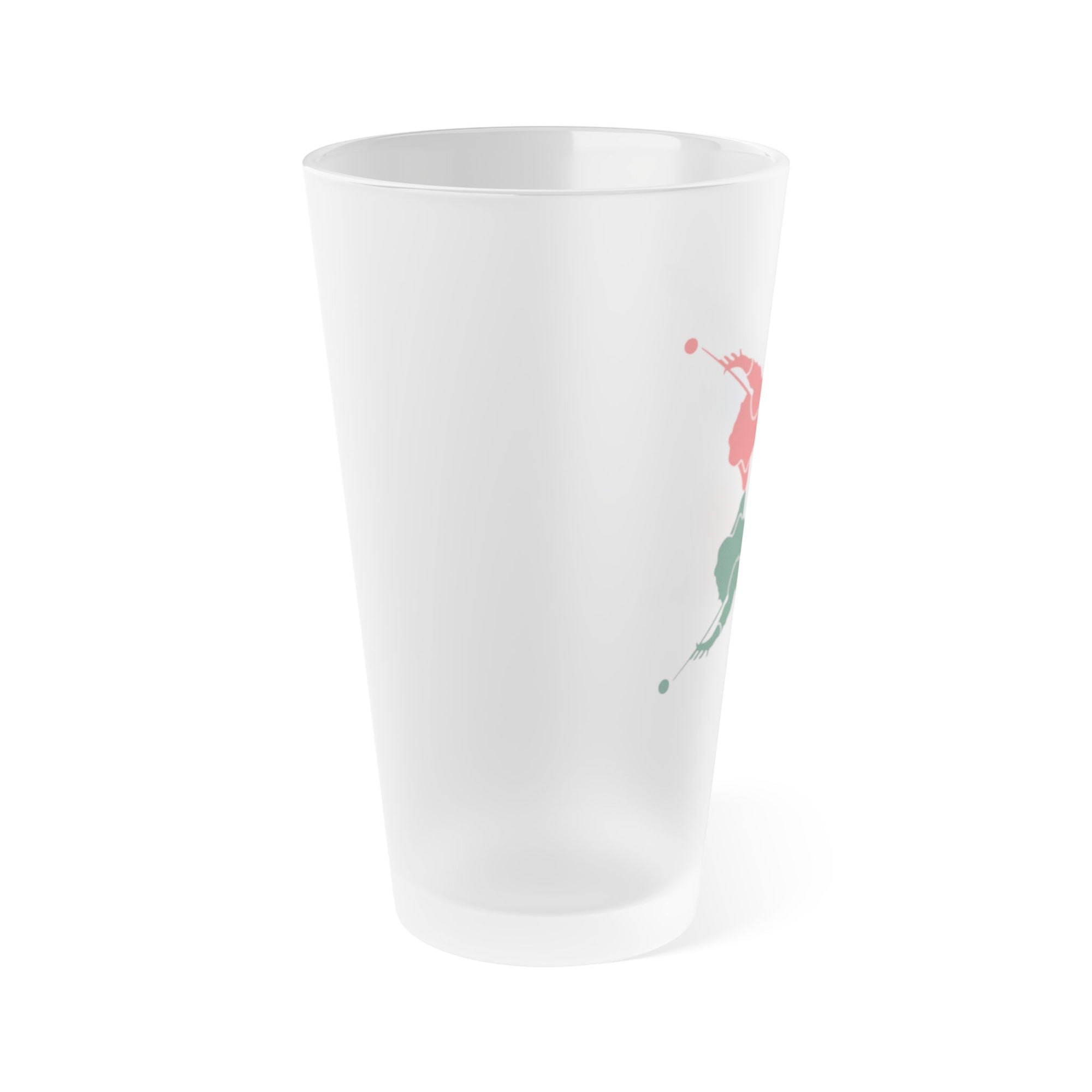 Side view of a frosted pint glass with colorful graphic of 4 billiards player silhouettes in a pop art style, against a white background