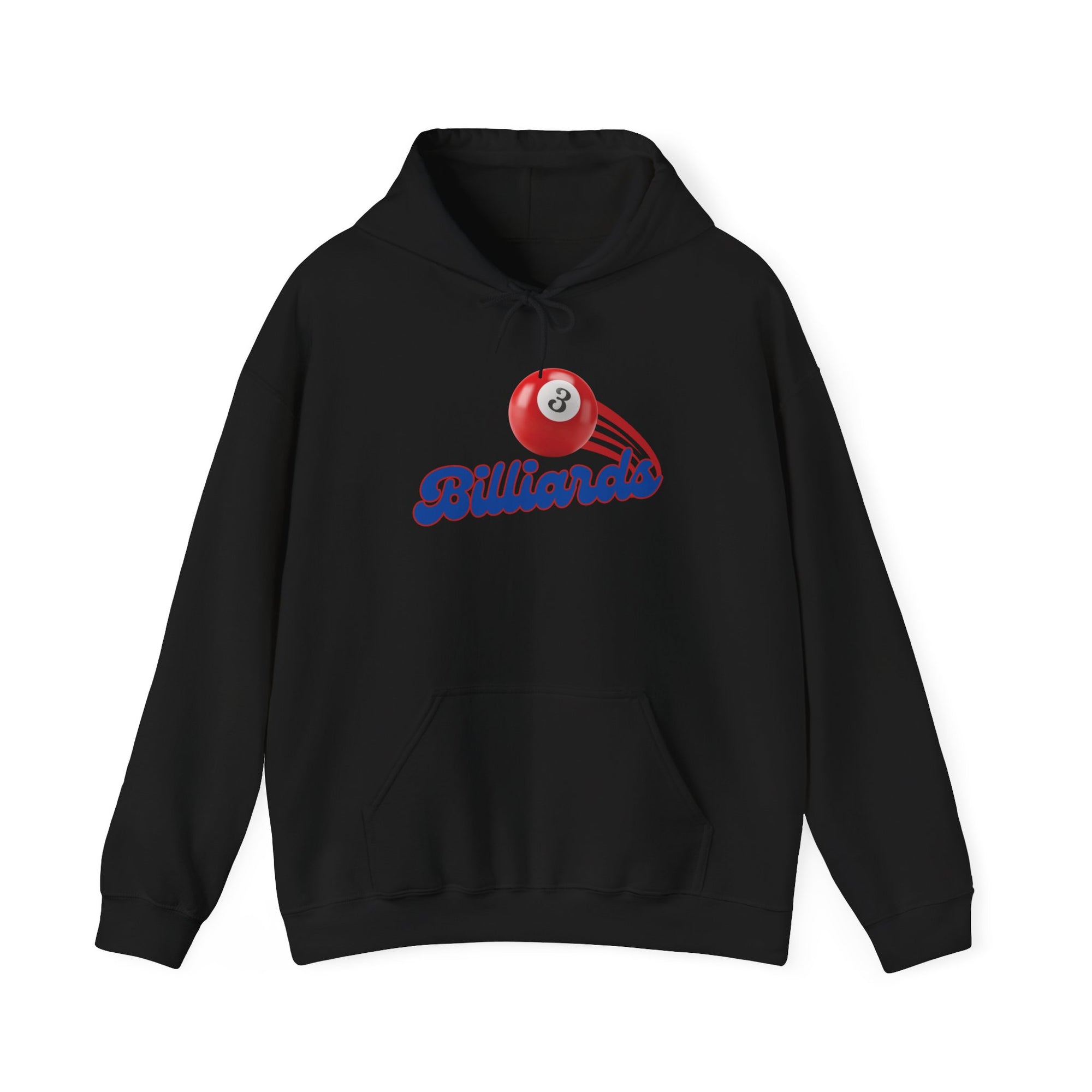 Black hoodie with billiards ball and text that says "Billiards" against a white background