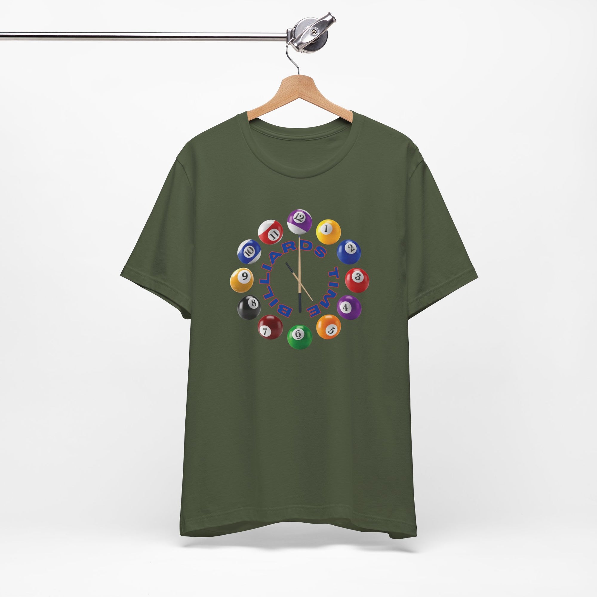 Military green t-shirt with the text "Billiards Time" surrounded by a clock made up of colorful billiard balls and cue sticks, on a white background