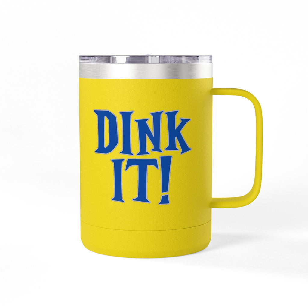 A yellow stainless steel tumbler with handle and lid featuring the words 'DINK IT!' text in blue and outlined in gray, against a white background