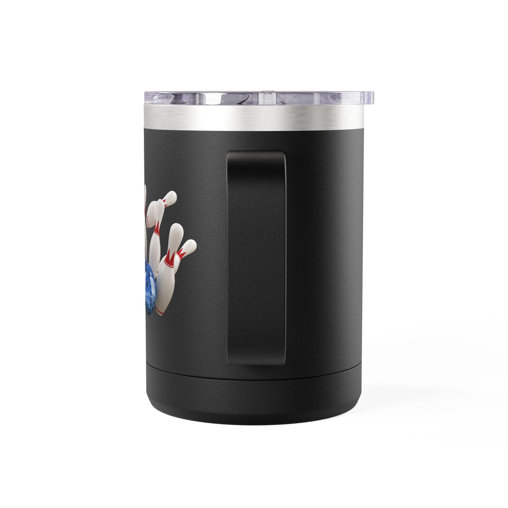 The back view of a black travel coffee tumbler mug with handle and lid, with a graphic of a blue bowling ball knocking over bowling pins, on a white background
