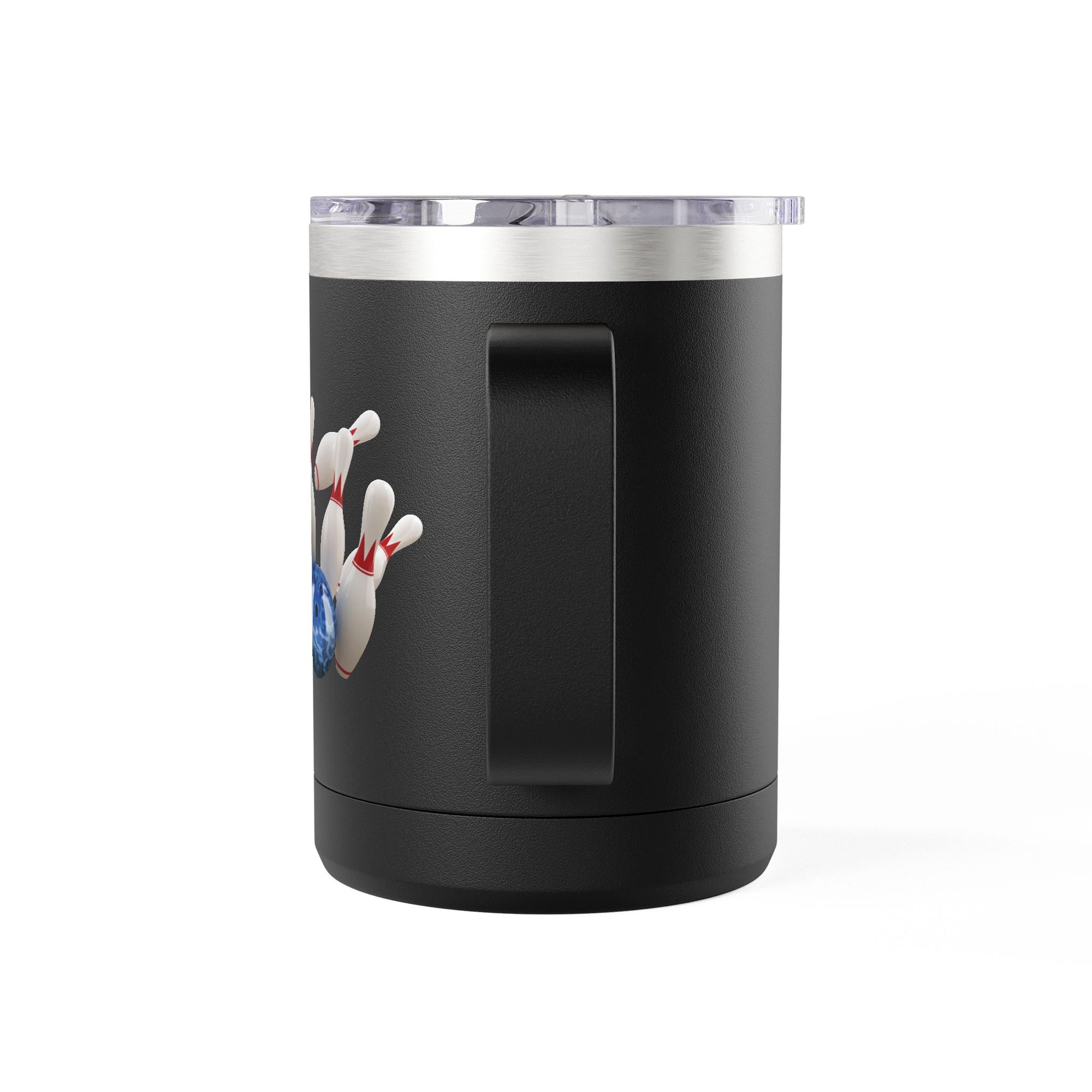 The back view of a black travel coffee tumbler mug with handle and lid, with a graphic of a blue bowling ball knocking over bowling pins, on a white background