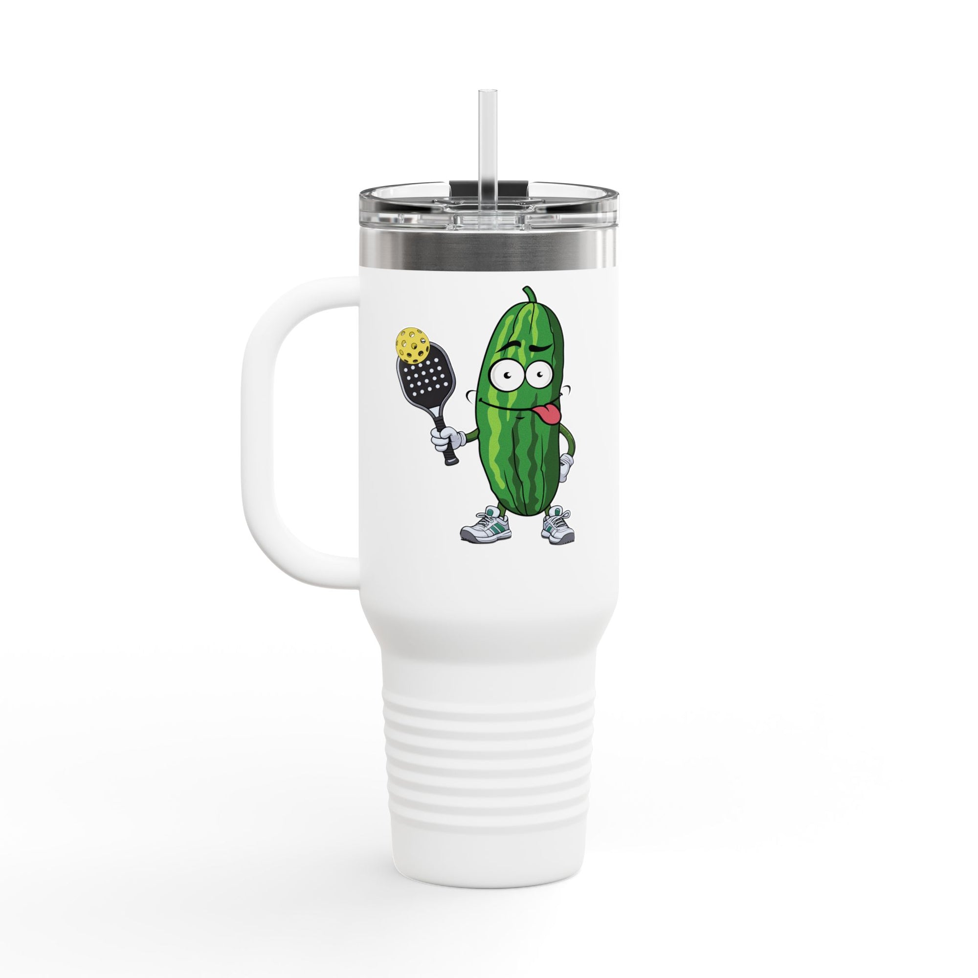 A white 40oz tumbler with lid and straw featuring a cartoon pickle with googly eyes and his tongue sticking out, holding a pickleball paddle with a yellow pickleball, against a white background