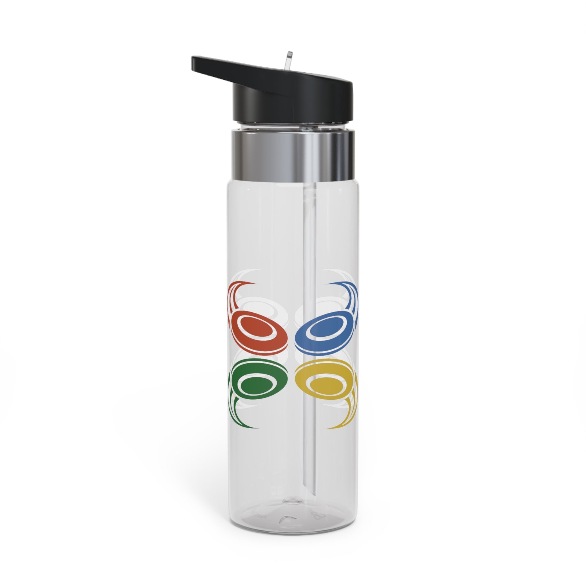 A clear water bottle with lid featuring a colorful graphic of flying disc golf discs, against a white background