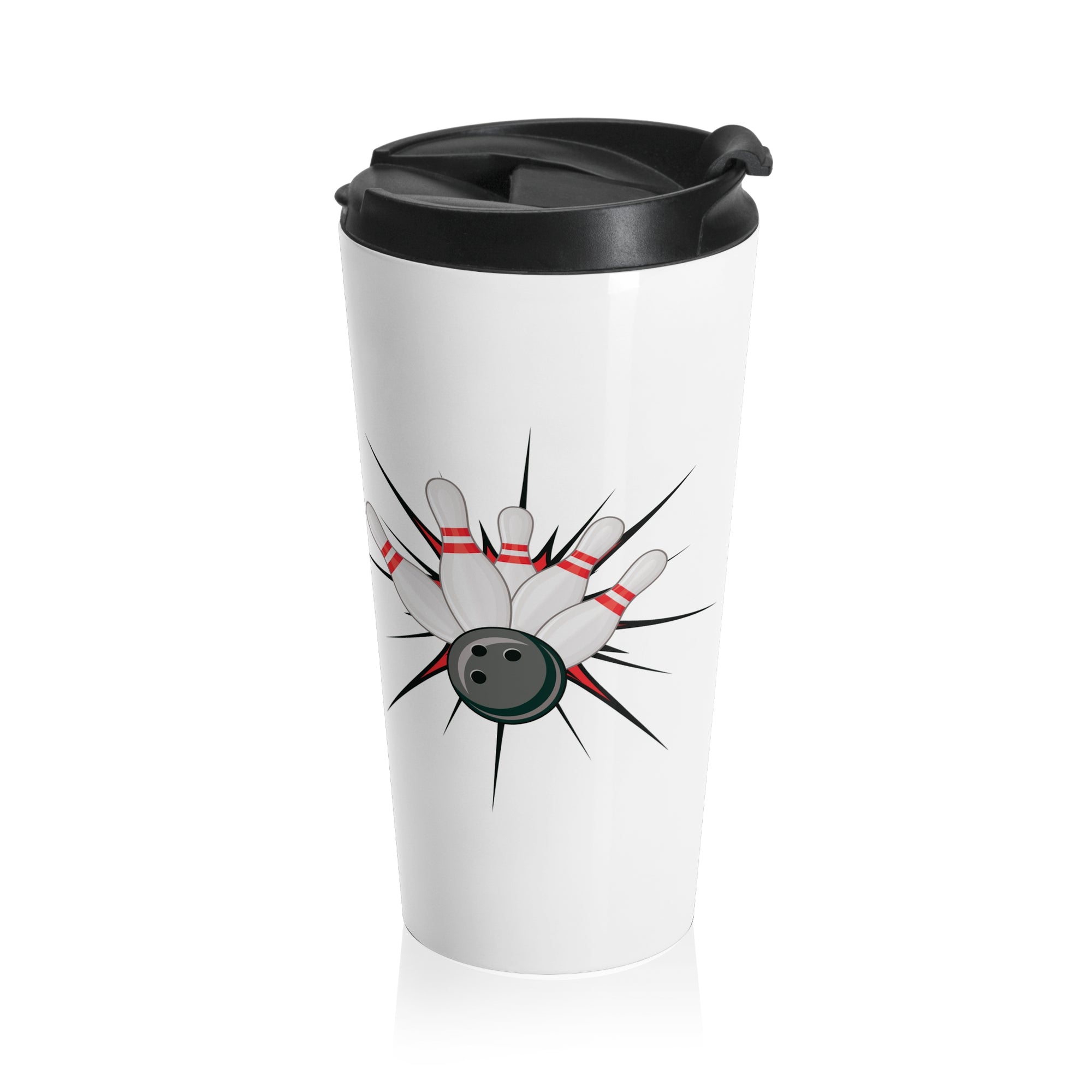 A white travel mug with a black lid, with a graphic design of a bowling ball smashing into pins on a white background