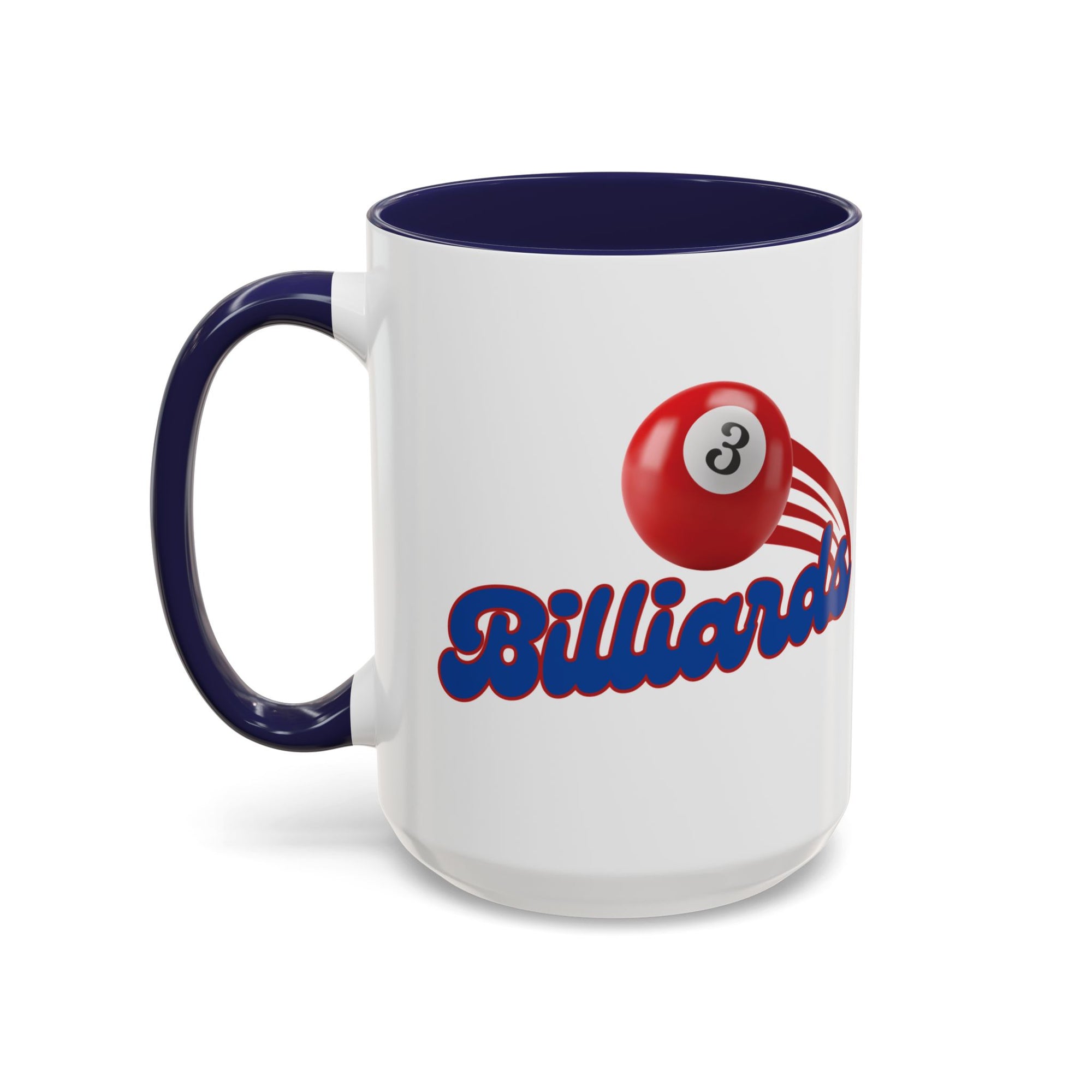A white ceramic coffee mug with dark blue accents on the handle and interior, with billiards ball and text that says "Billiards" against a white background 