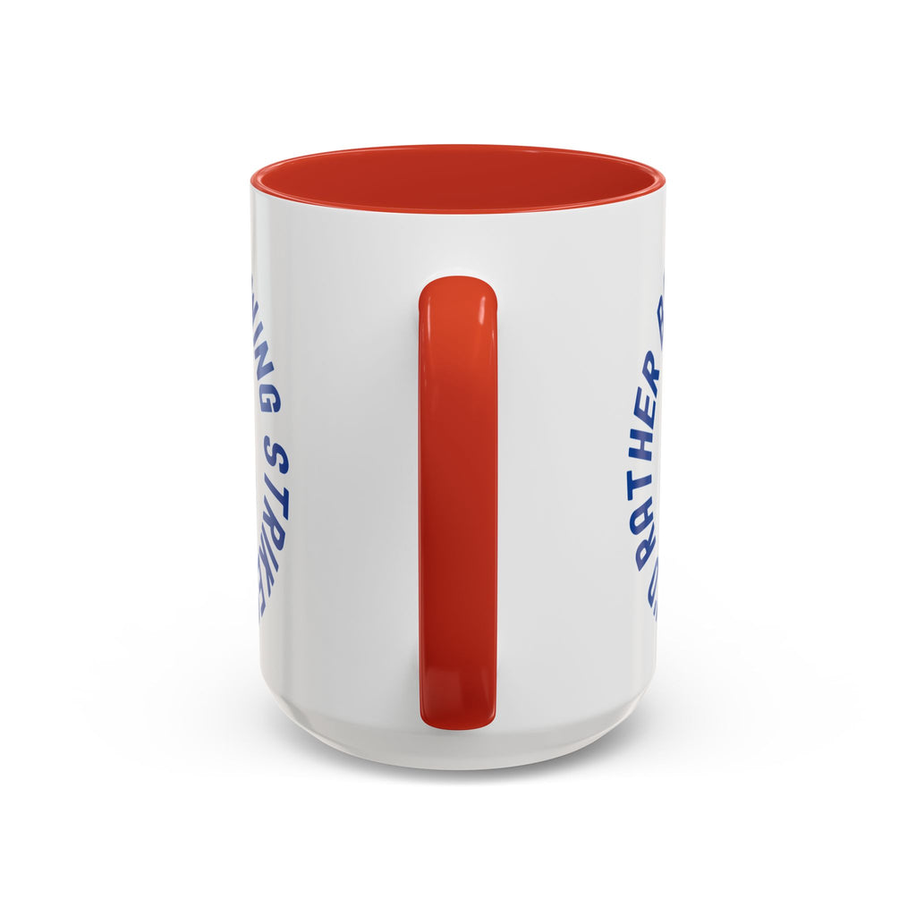 Back of a ceramic coffee mug with red accents on the handle and interior, with bowling pins and a bowling ball and text saying "I'd Rather Be Throwing Strikes" on white background