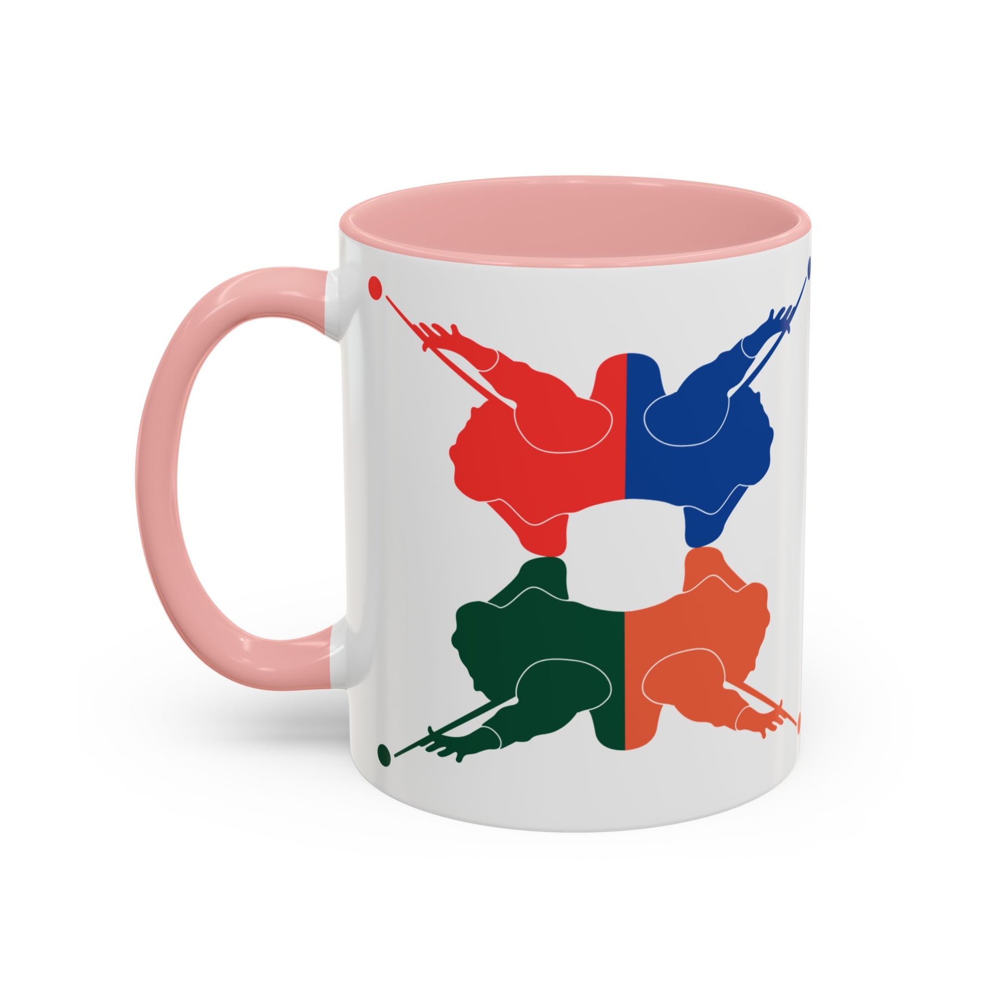 A white ceramic coffee mug with pink accents on the handle and interior, with colorful graphic of 4 billiards player silhouettes in a pop art style, against a white background