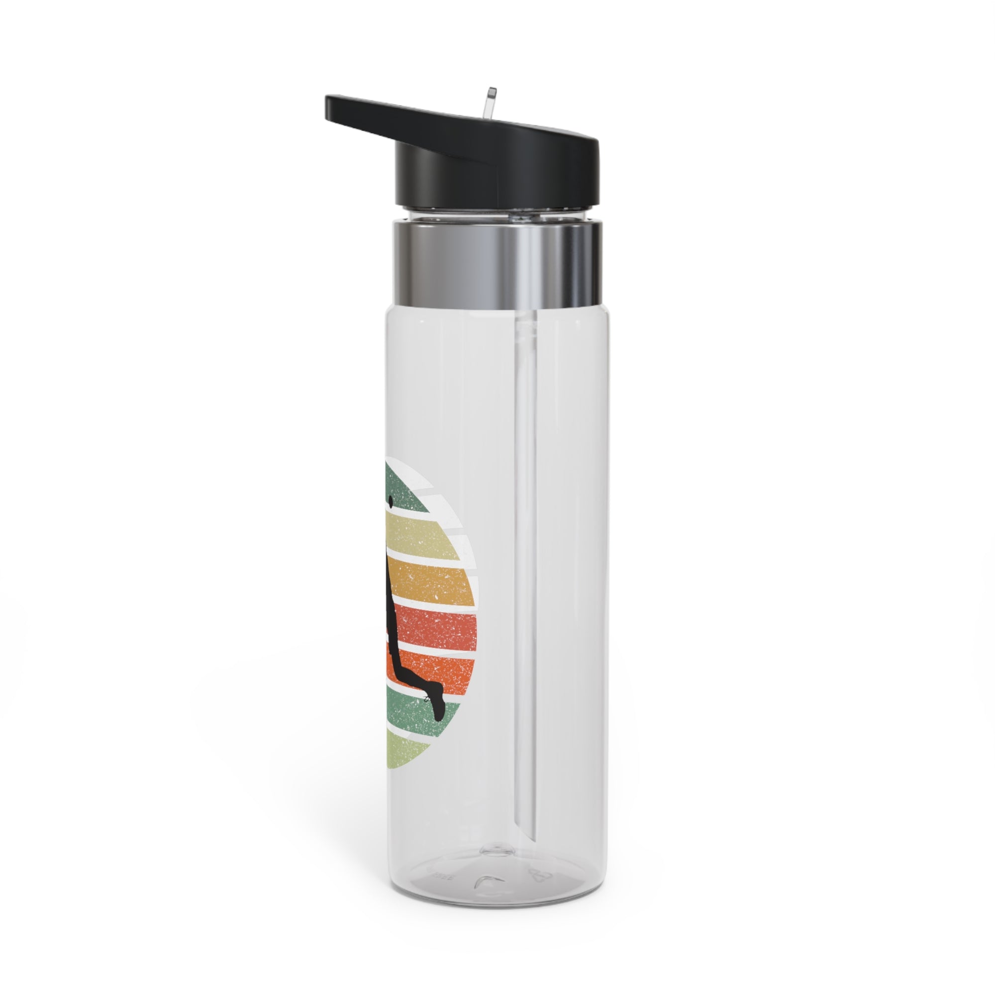 The right side view of a clear water bottle with a lid and straw featuring a colorful graphic of a silhouette of a pickleball  player on a colorful retro background