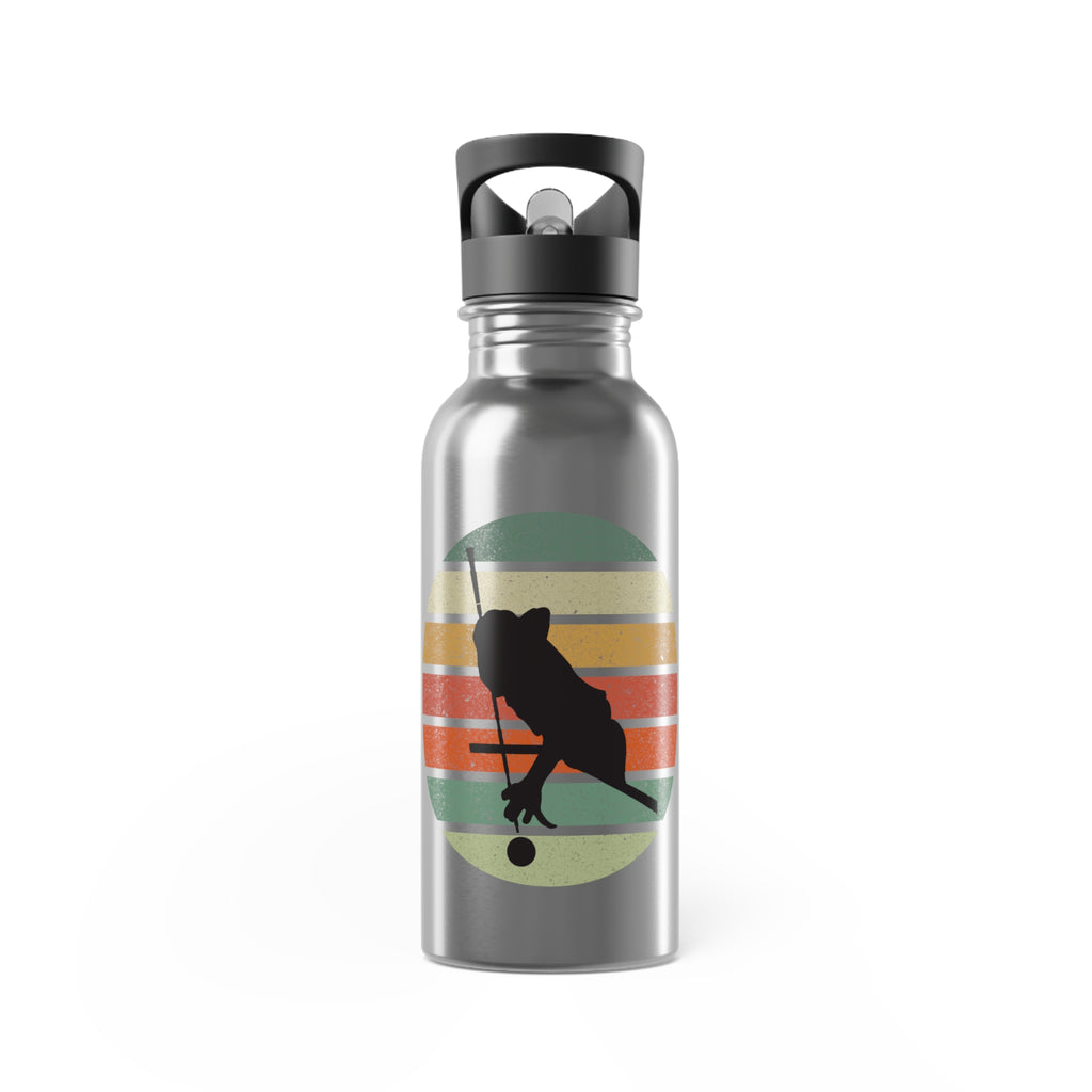 Stainless steel silver water bottle with a with an image of a billiards player silhouette over a retro colorful graphic, on a white background.