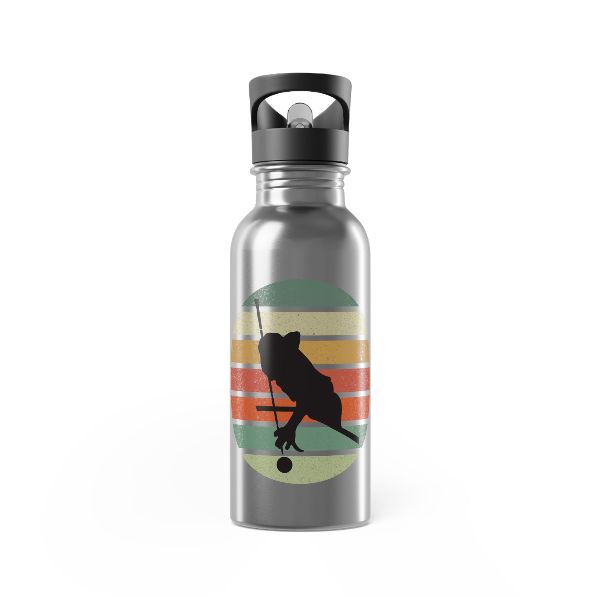 Stainless steel silver water bottle with a with an image of a billiards player silhouette over a retro colorful graphic, on a white background.