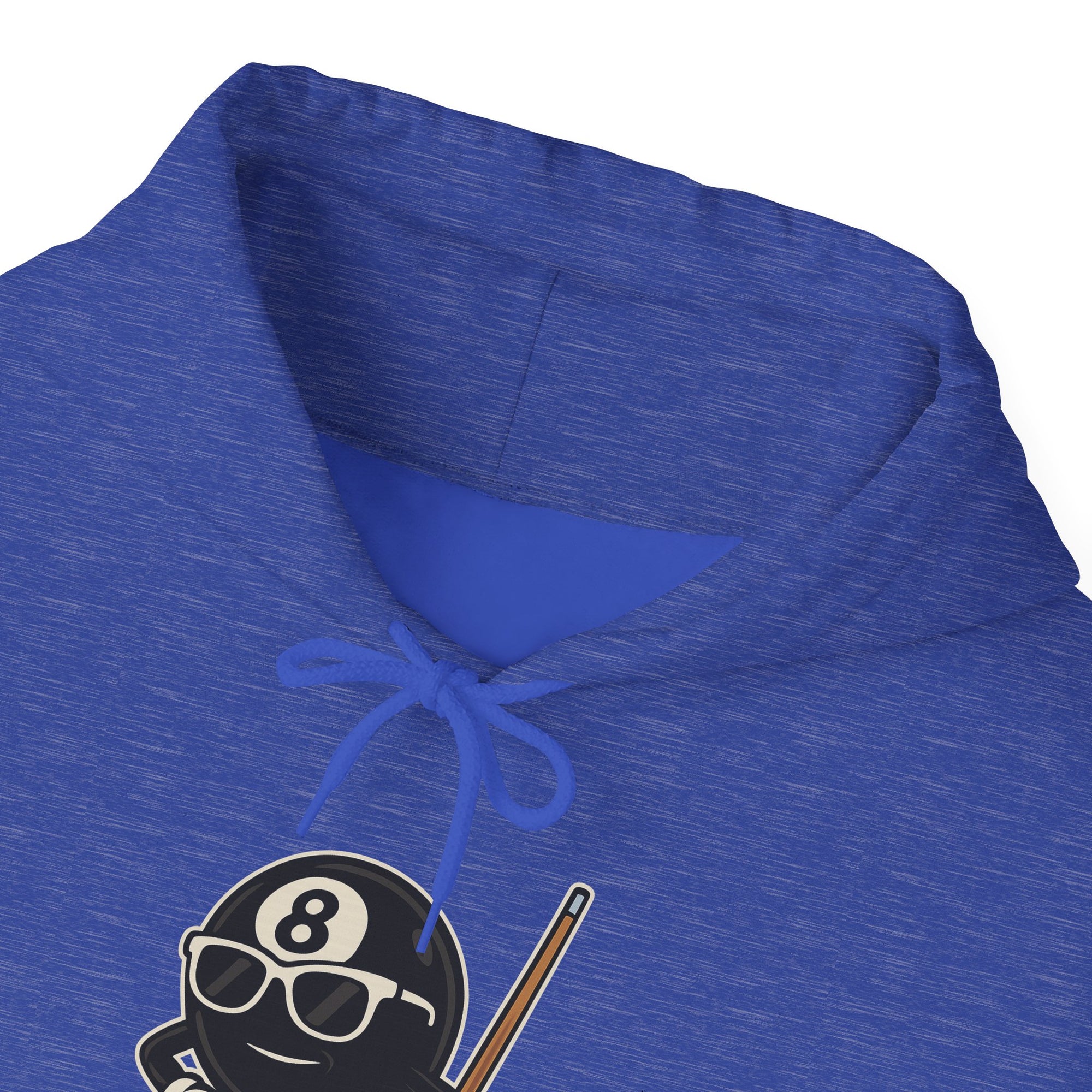 Close-up of the neckline of a blue hoodie with a graphic of a cartoon billiards 8 ball with arms and legs and wearing sunglasses and leaning on a cue stick, on a white background