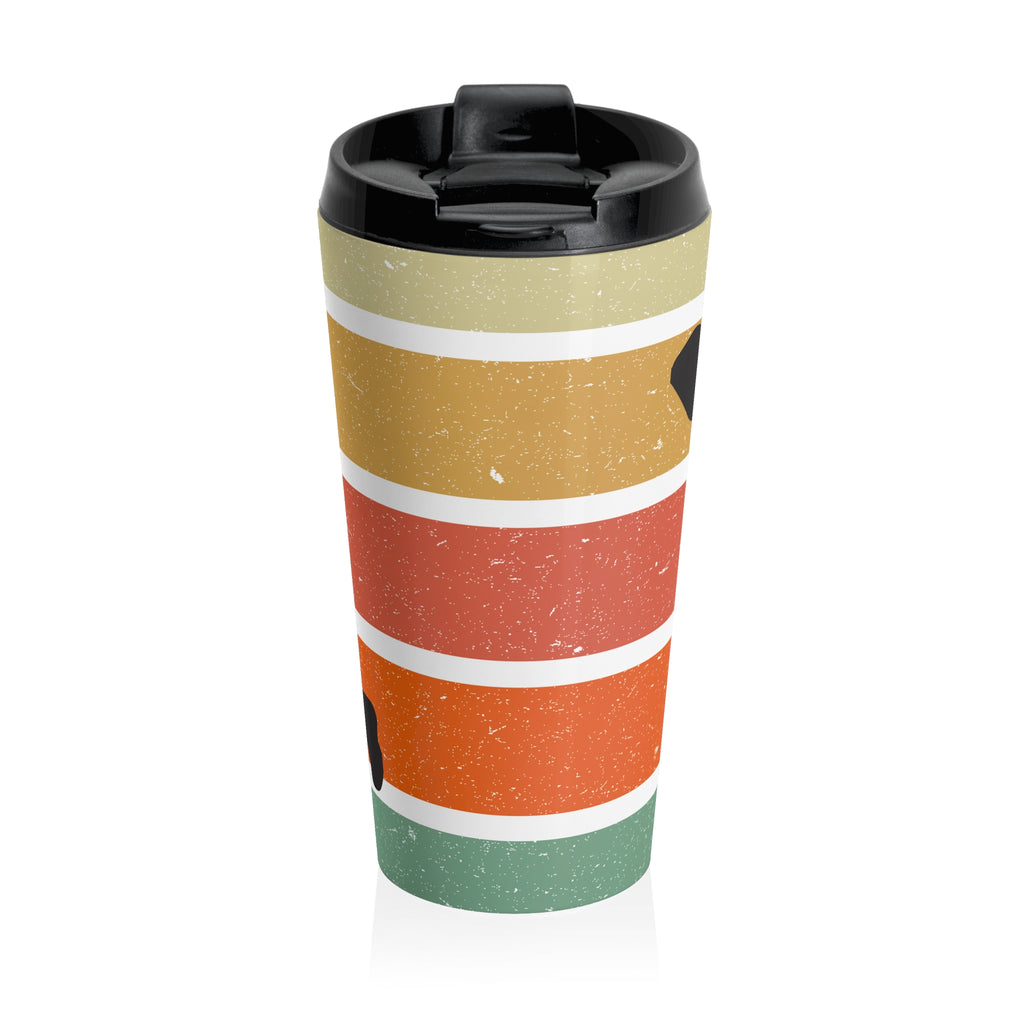 Travel mug with a silhouette design of a person playing pickleball on a retro colorful background