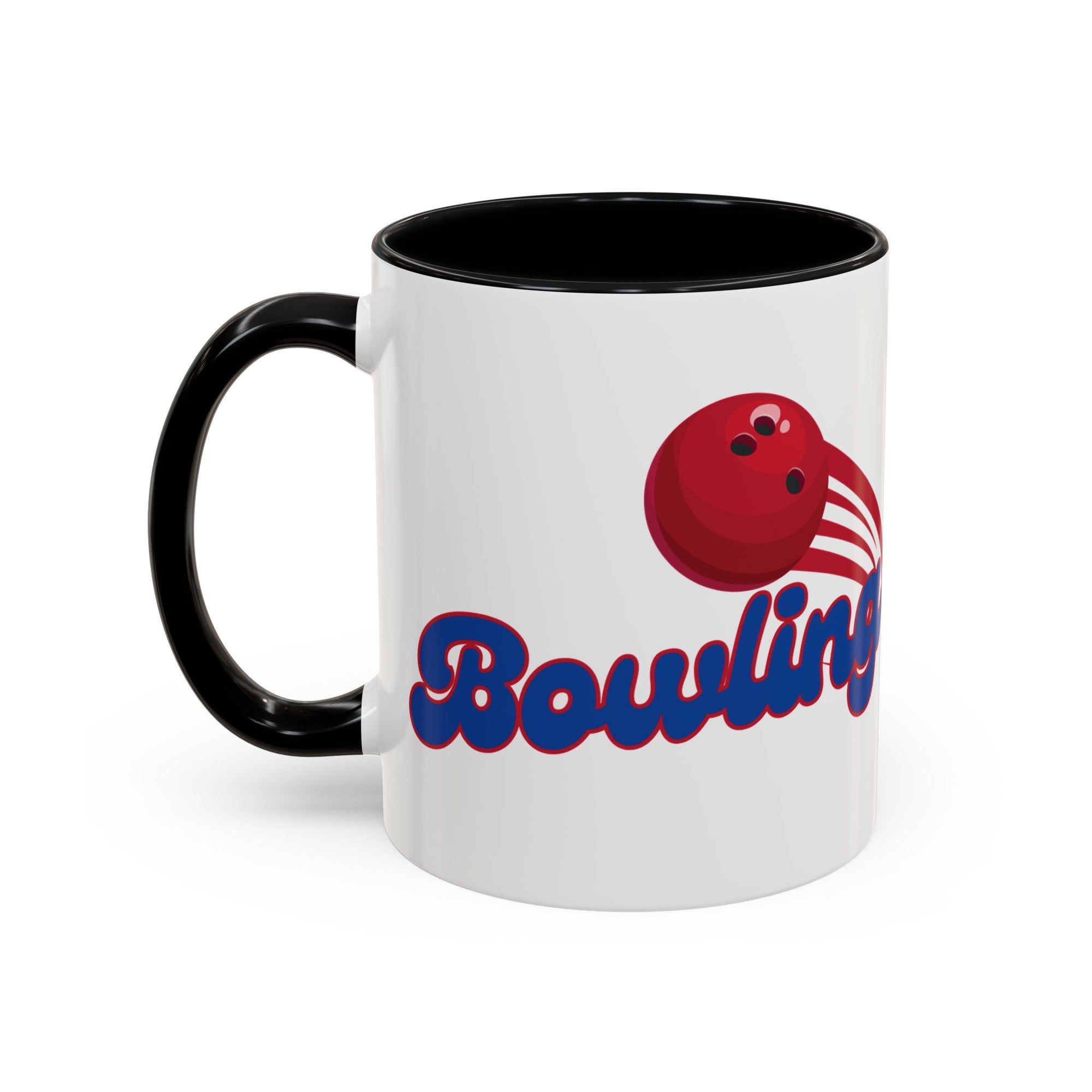 A white ceramic coffee mug with black accents on the handle and interior, with a red bowling ball graphic and 'Bowling' text on a white background