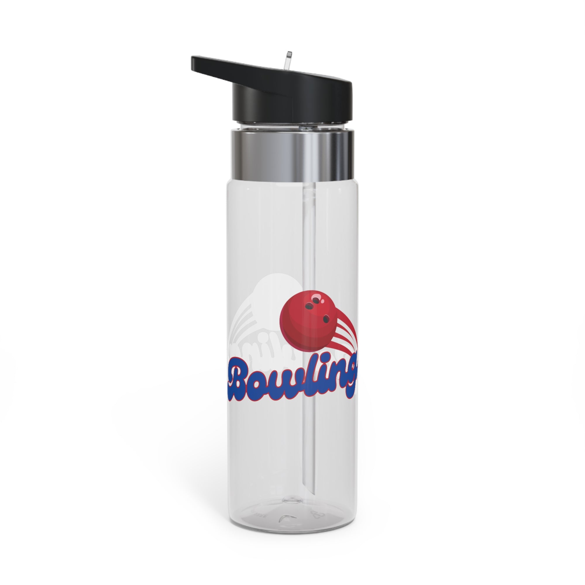 A clear water bottle with black lid, with a red bowling ball graphic and 'Bowling' text on a white background