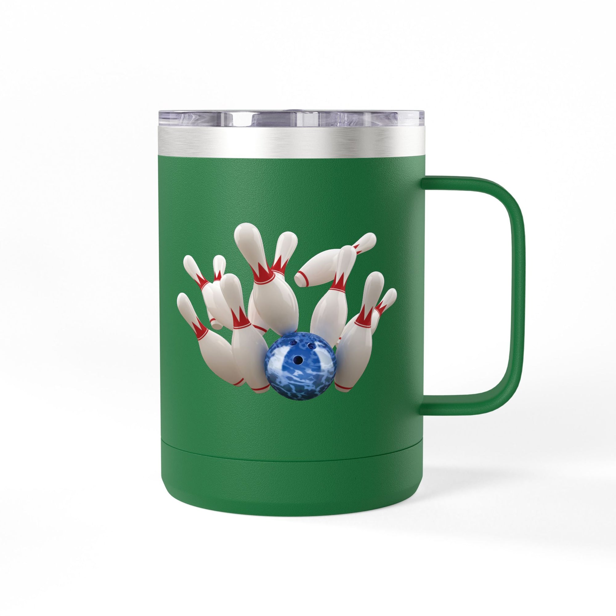 A green travel coffee tumbler mug with handle and lid, with a graphic of a blue bowling ball knocking over bowling pins, on a white background