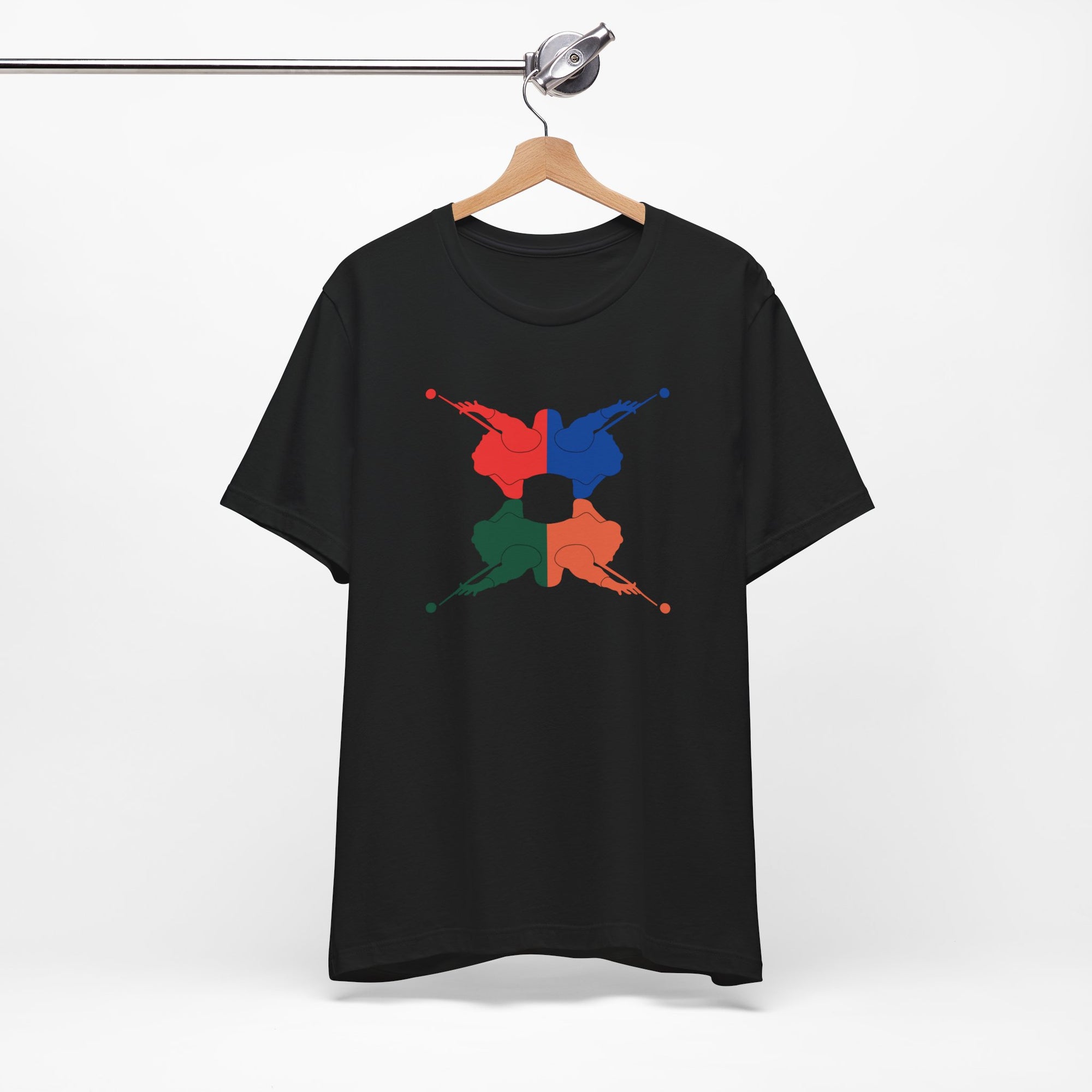Black t-shirt with colorful graphic of 4 billiards player silhouettes in a pop art style, on a hanger against a white background