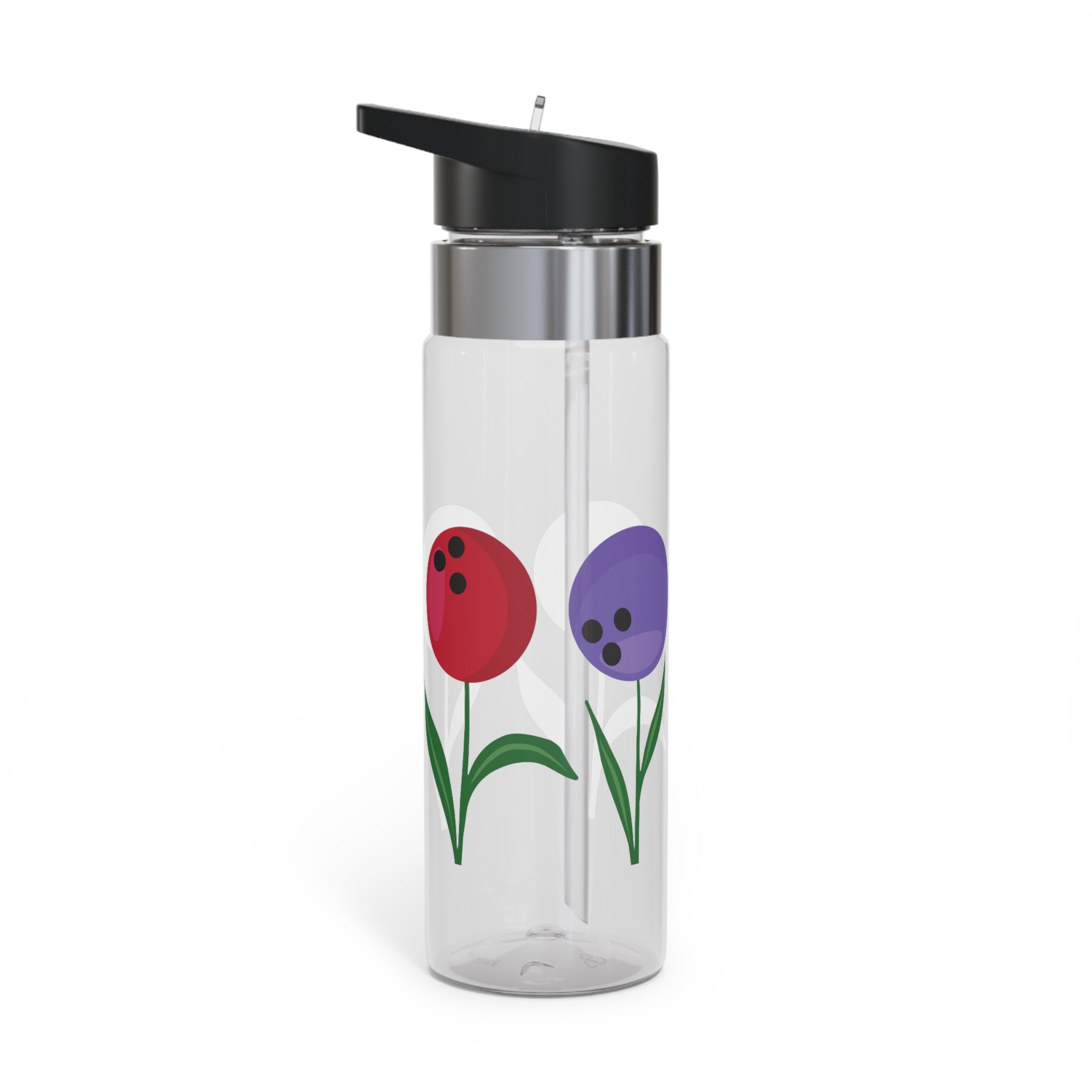 A clear water bottle with a black lid, with colorful flowers made out of bowling balls, on a white background
