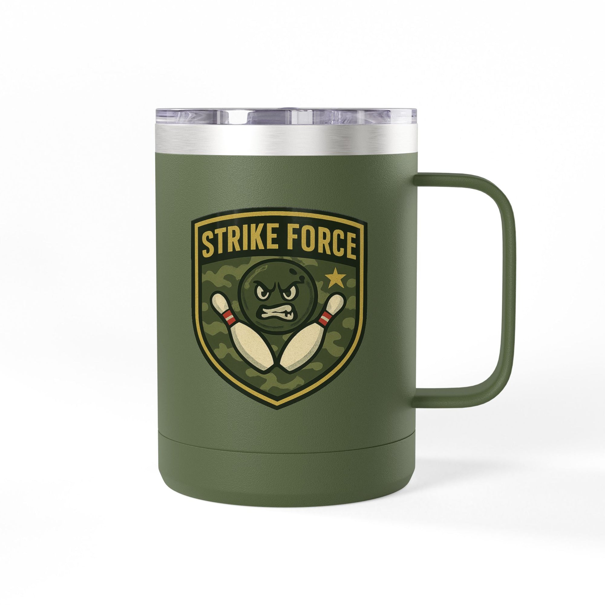 Military green travel coffee tumbler with handle and lid, with bowling 'Strike Force' military-style patch on a white background
