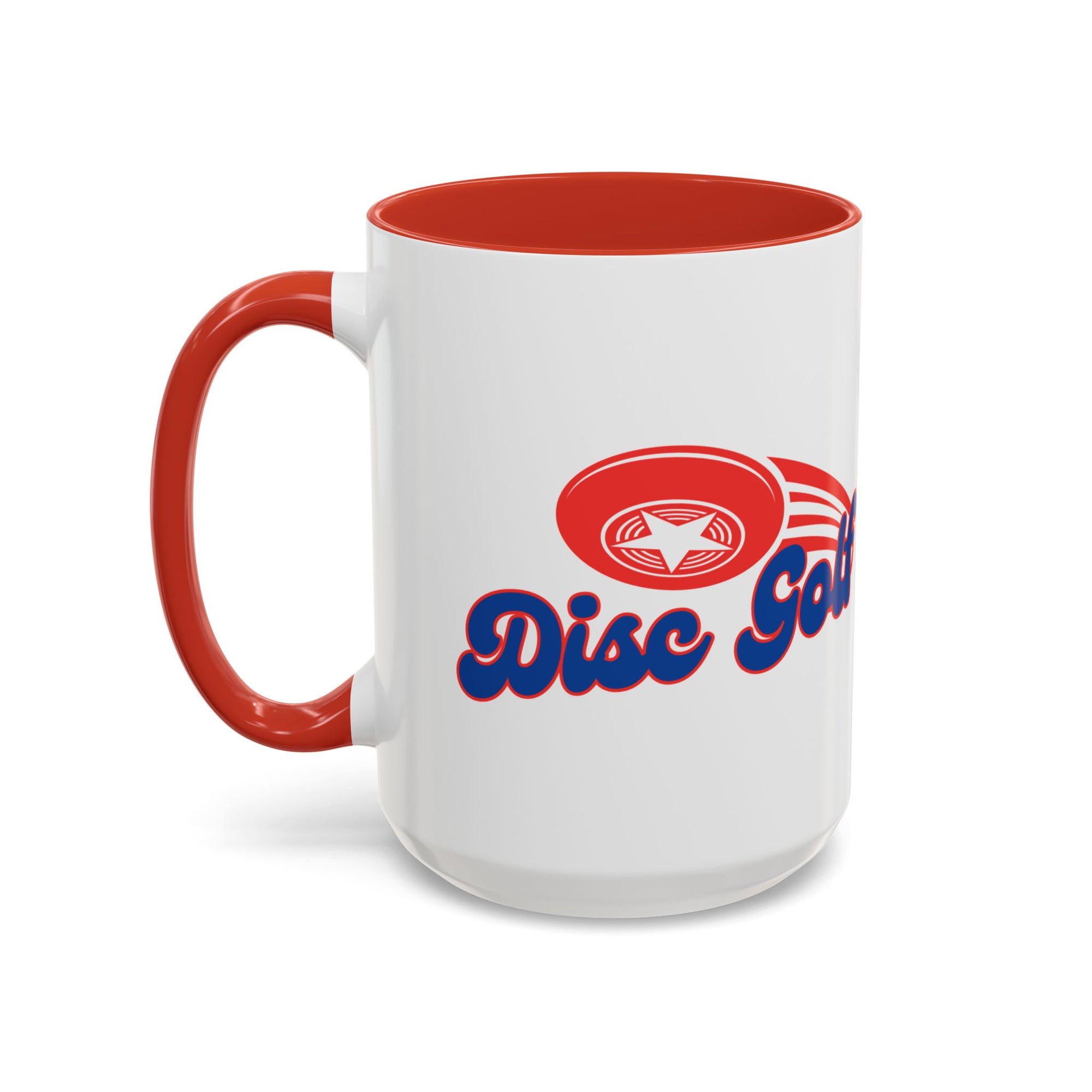 A ceramic coffee mug with red accents on the handle and interior, with 'Disc Golf' in a blue script text outlined in red and disc golf with motion trails, against a white background