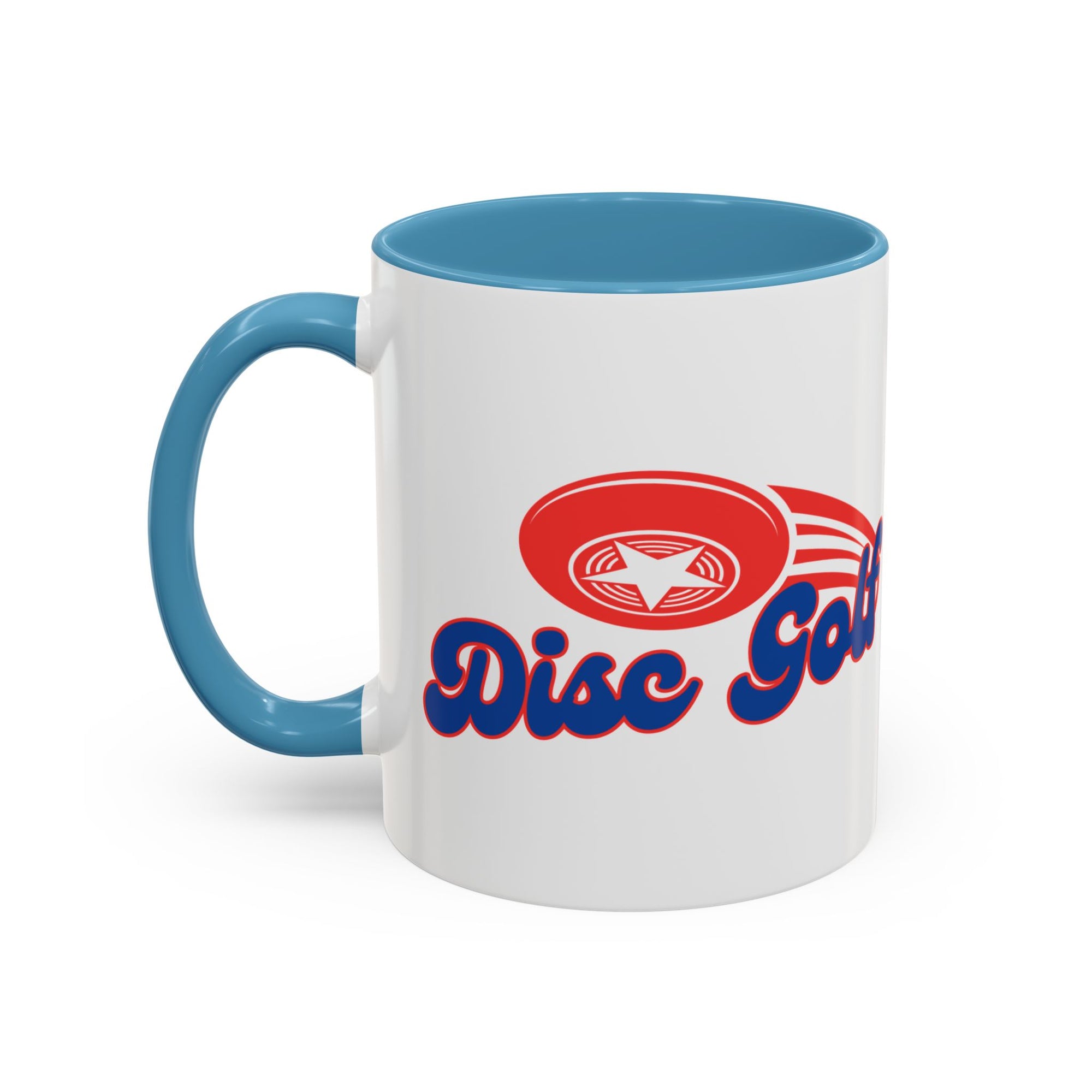 A ceramic coffee mug with light blue accents on the handle and interior, with 'Disc Golf' in a blue script text outlined in red and disc golf with motion trails, against a white background