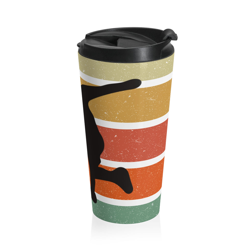 Side view of a travel mug with a silhouette design of a disc golf player over a colorful retro image, on a white background.