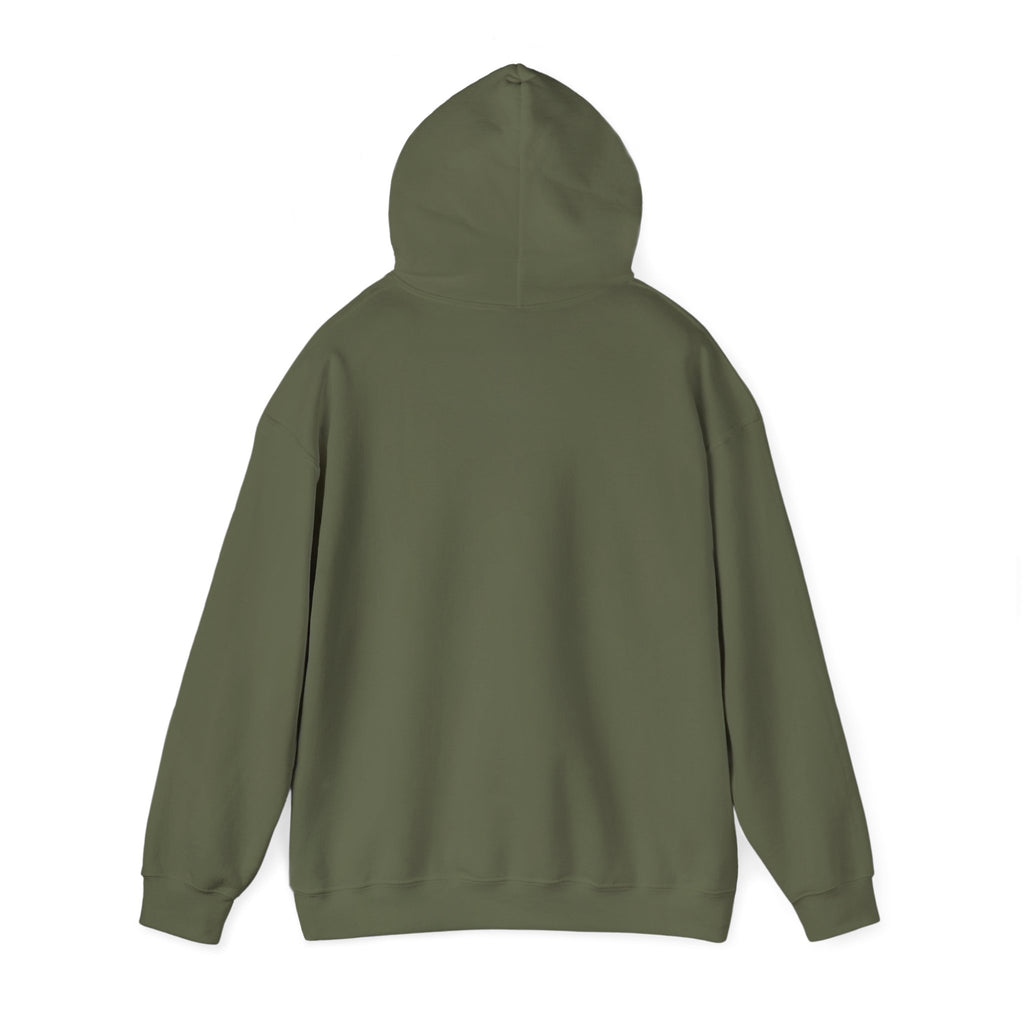 Back of a military green hoodie on a white background