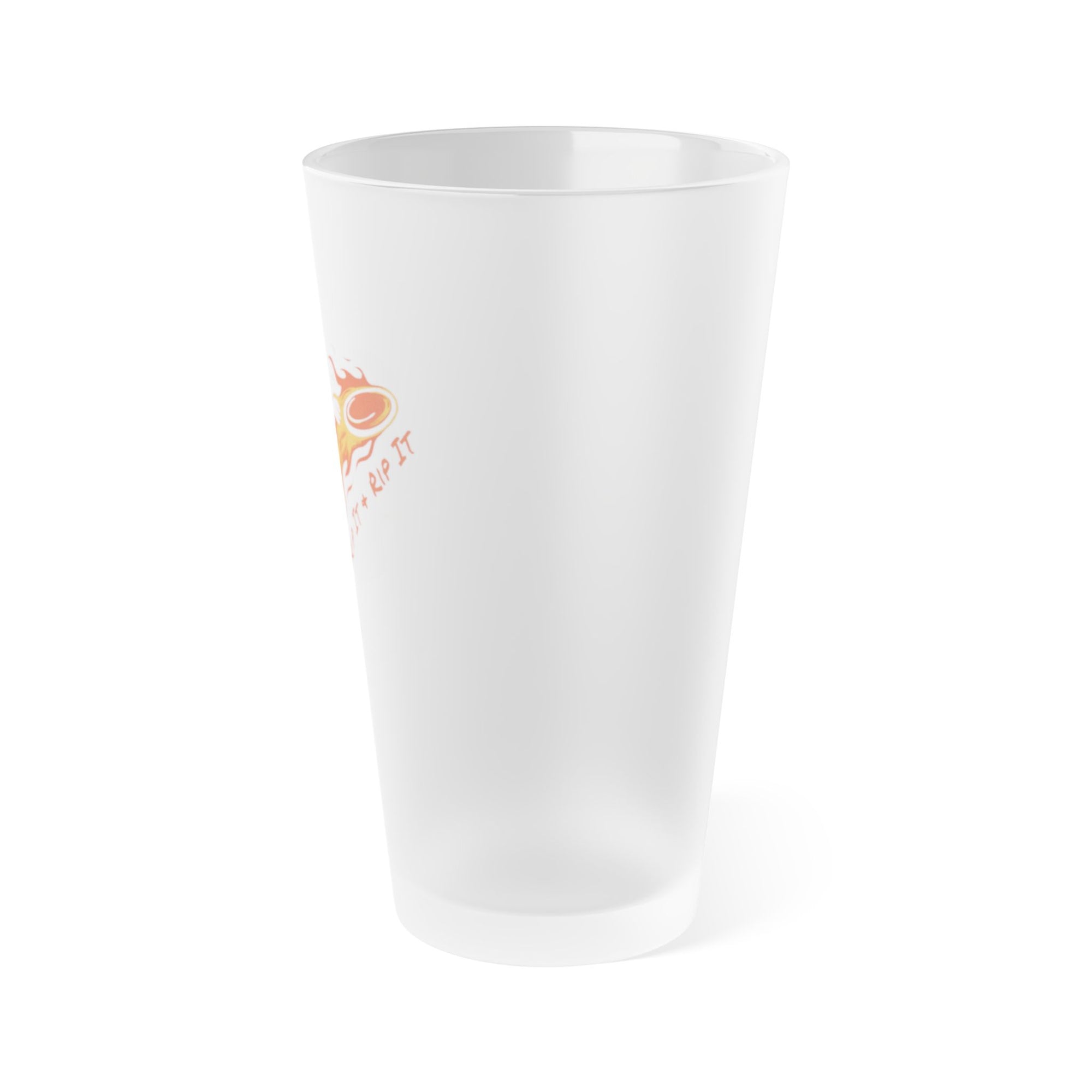 Side view of a frosted pint glass with a drawing of a person throwing a disc golf disc with flames behind it and the phrase "Grip I & Rip It," on a white background