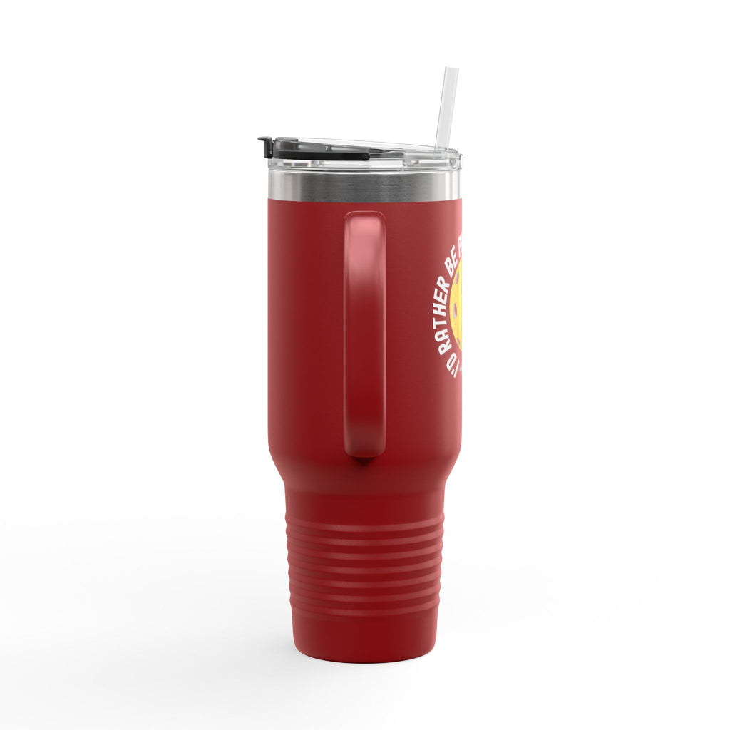 Side view of a red 40oz travel mug with pickleball graphic and the text "I'd Rather Be Playing Pickleball" on a white background