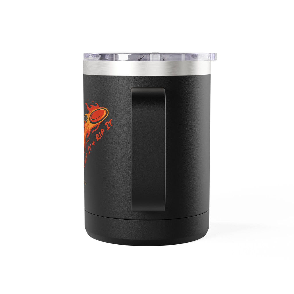 The back view of a black coffee tumbler travel mug with handle and lid featuring a graphic design of a person throwing a disc golf disc with flames coming off the disc and text 'Grip It or Rip It' against a white background.