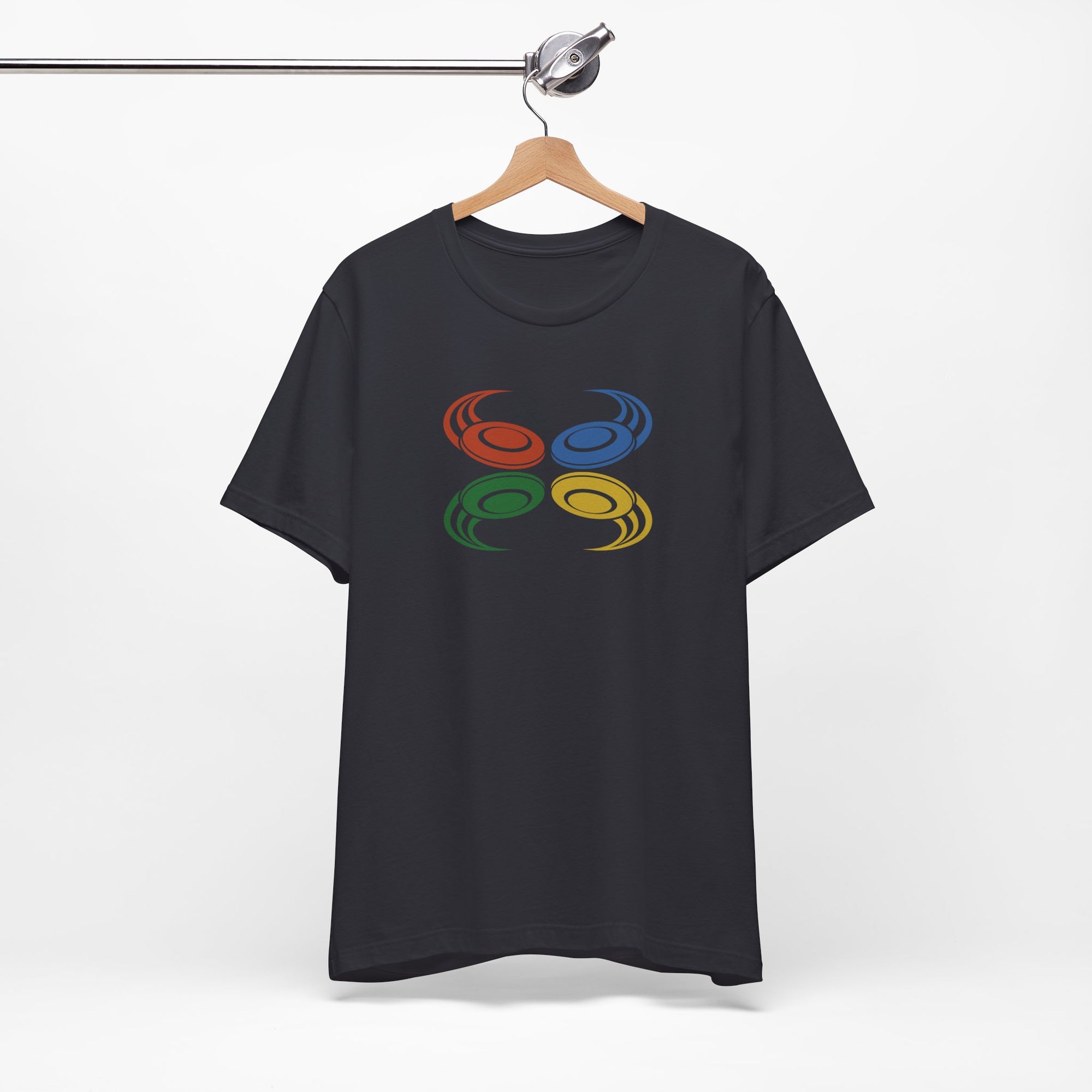 Gray t-shirt with colorful graphic of flying disc golf discs, on a hanger against a white background