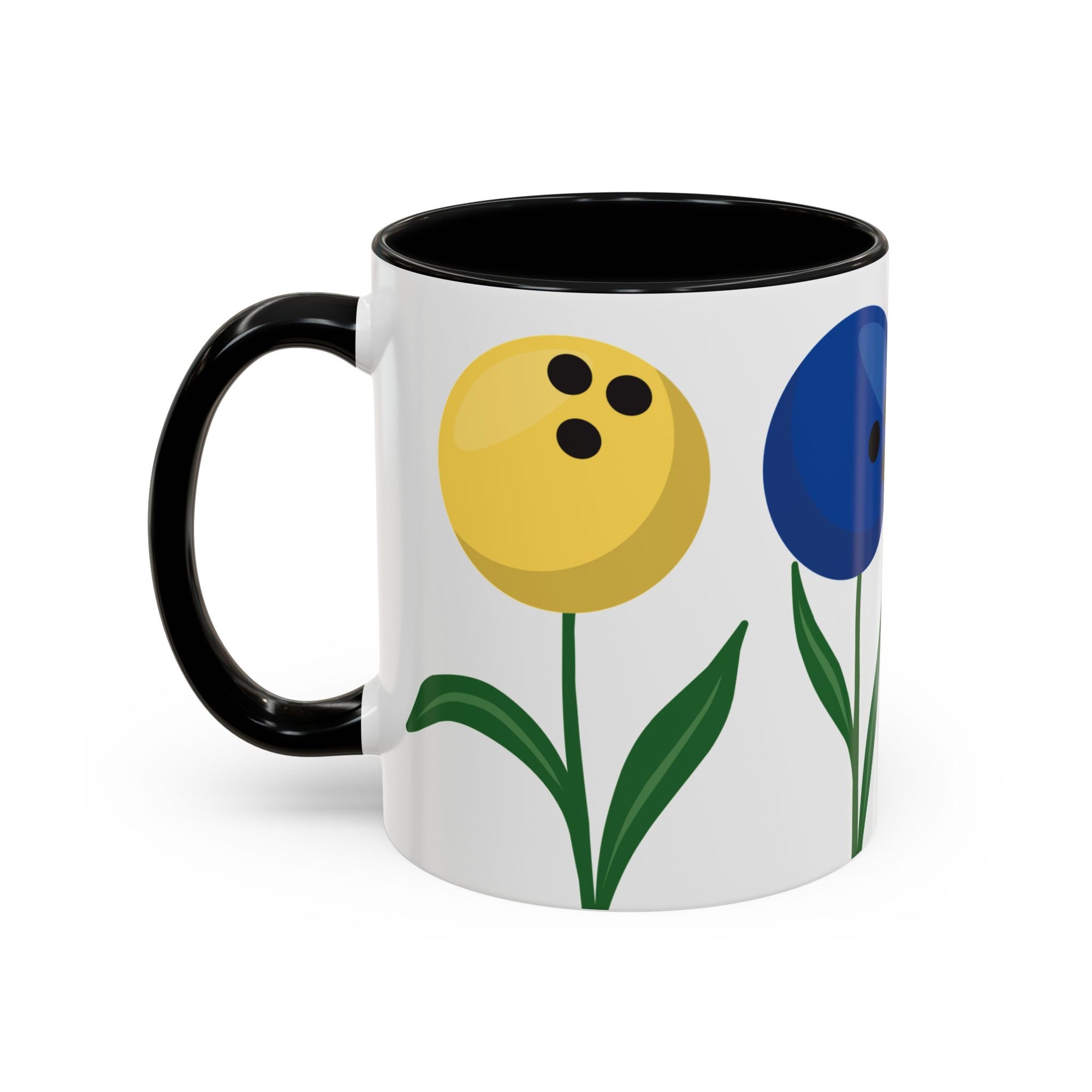A white ceramic coffee mug with black accents on the handle and interior, with colorful flowers made out of bowling balls, on a white background