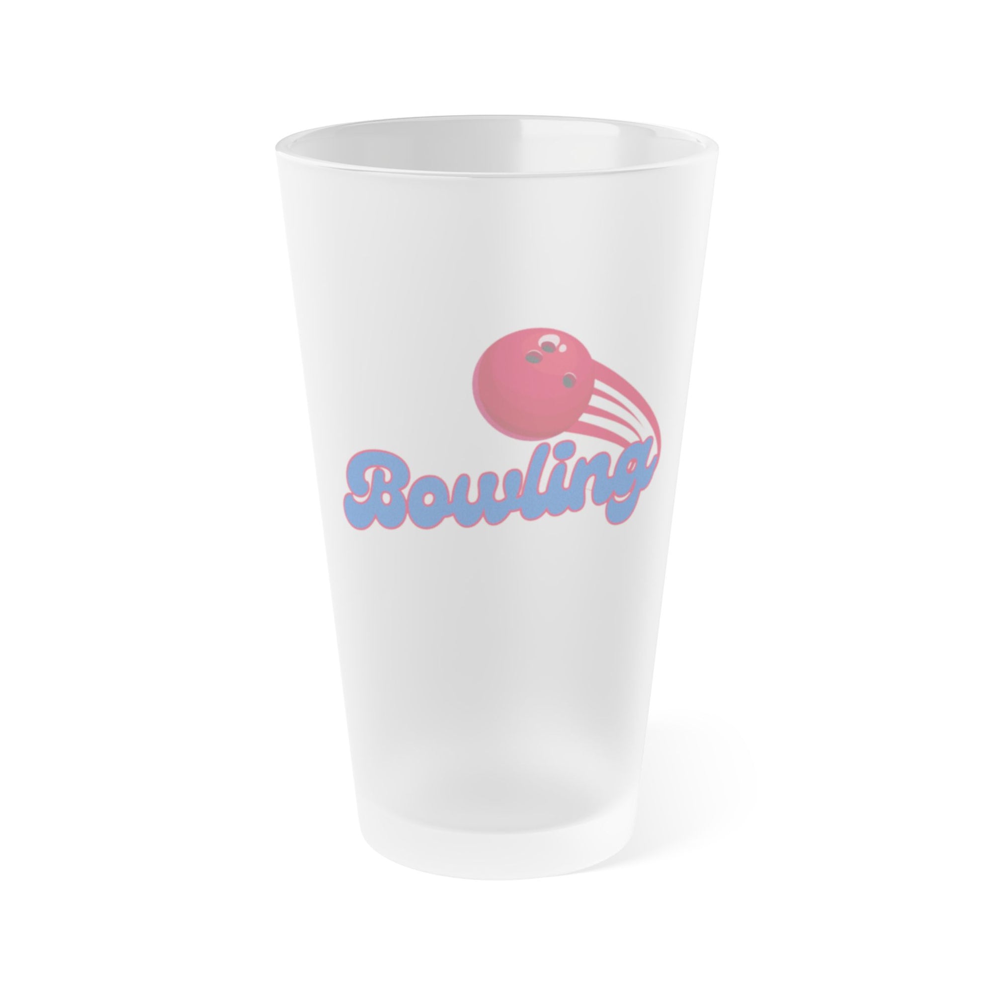 A frosted pint glass with a red bowling ball graphic and 'Bowling' text on a white background