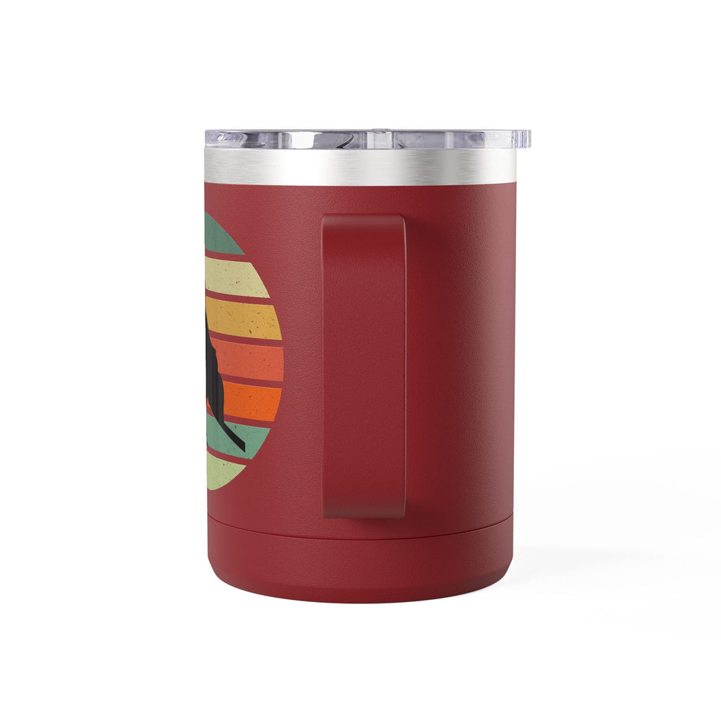Back view of a maroon travel coffee mug with an image of a billiards player silhouette over a colorful retro graphic, on a white background