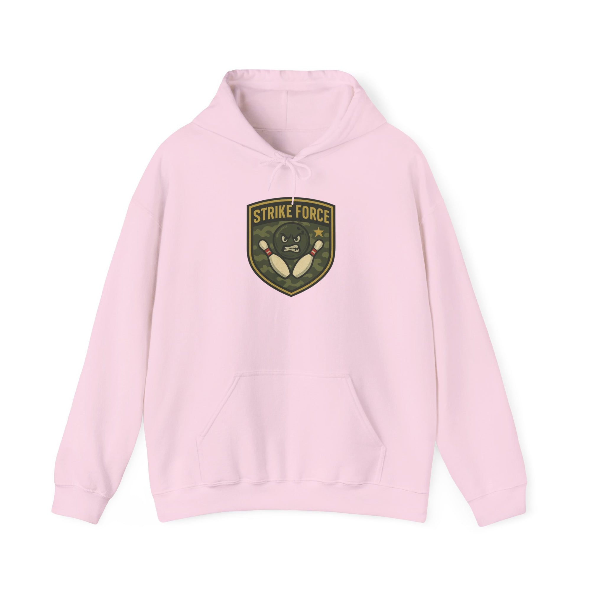 Pink hoodie with bowling 'Strike Force' military-style patch on a white background