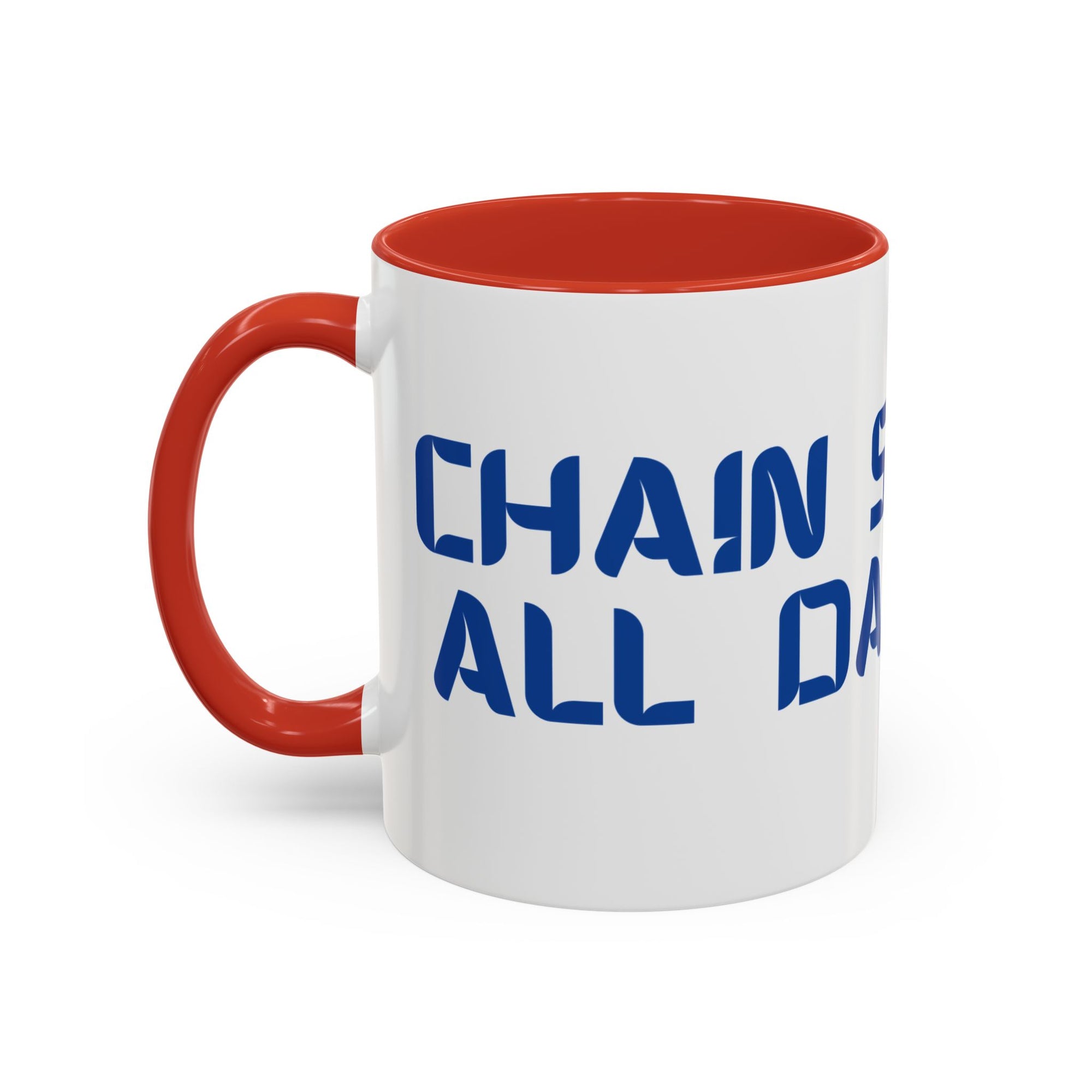 A ceramic coffee mug with red accents on the handle and interior, with 'CHAIN SMOKING ALL DAY LONG' text with the O's replaced by disc golf discs, against a white background