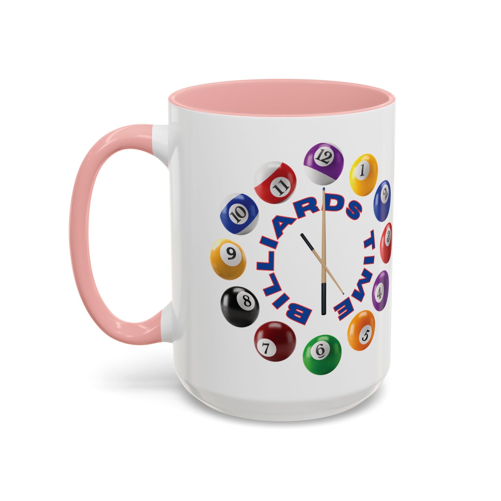 A white ceramic coffee mug with pink accents on the handle and interior, with the text "Billiards Time" surrounded by a clock made up of colorful billiard balls and cue sticks, on a white background