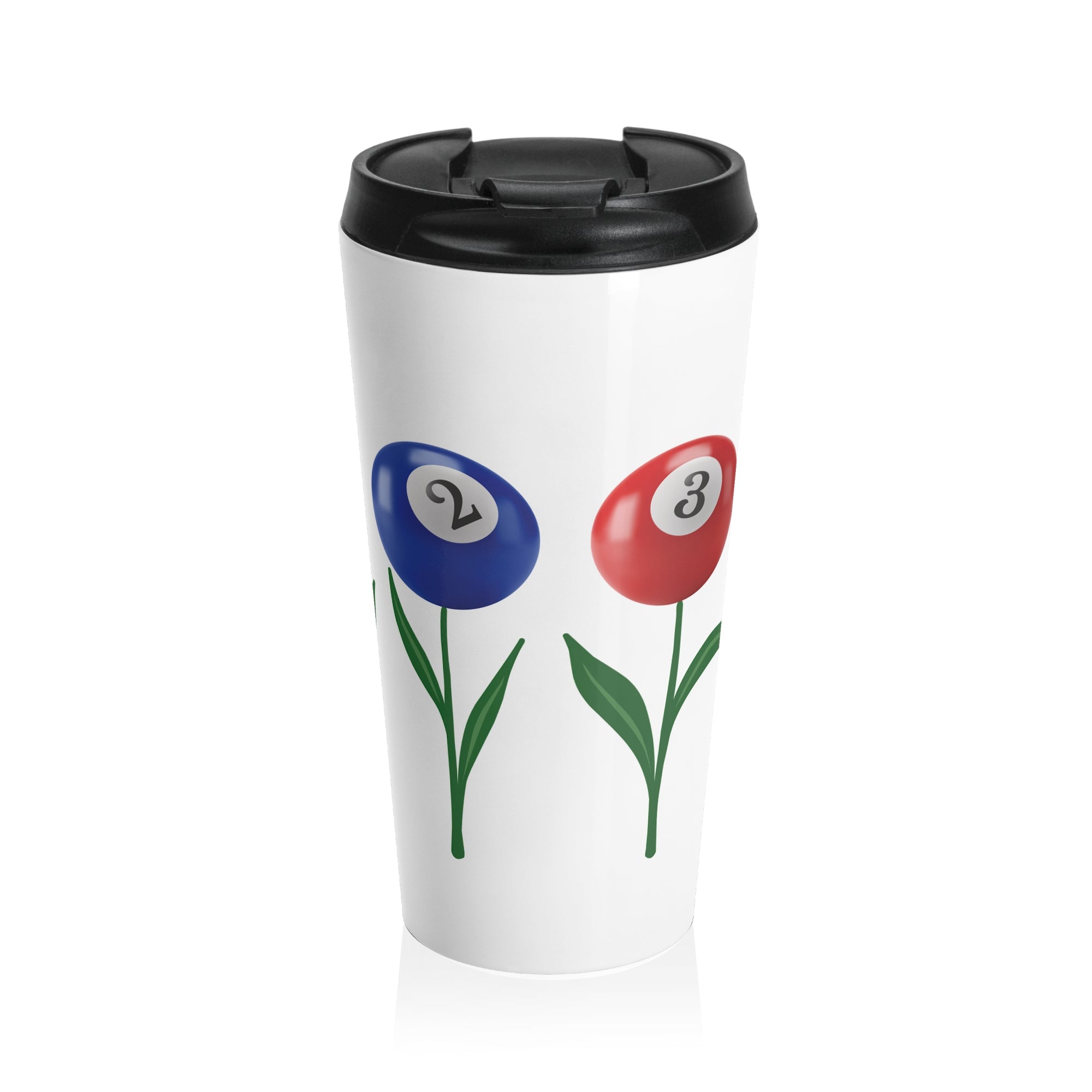 A white travel tumbler with a black lid, featuring an image with four colorful flowers made out of billiards balls with green stems, on a white background